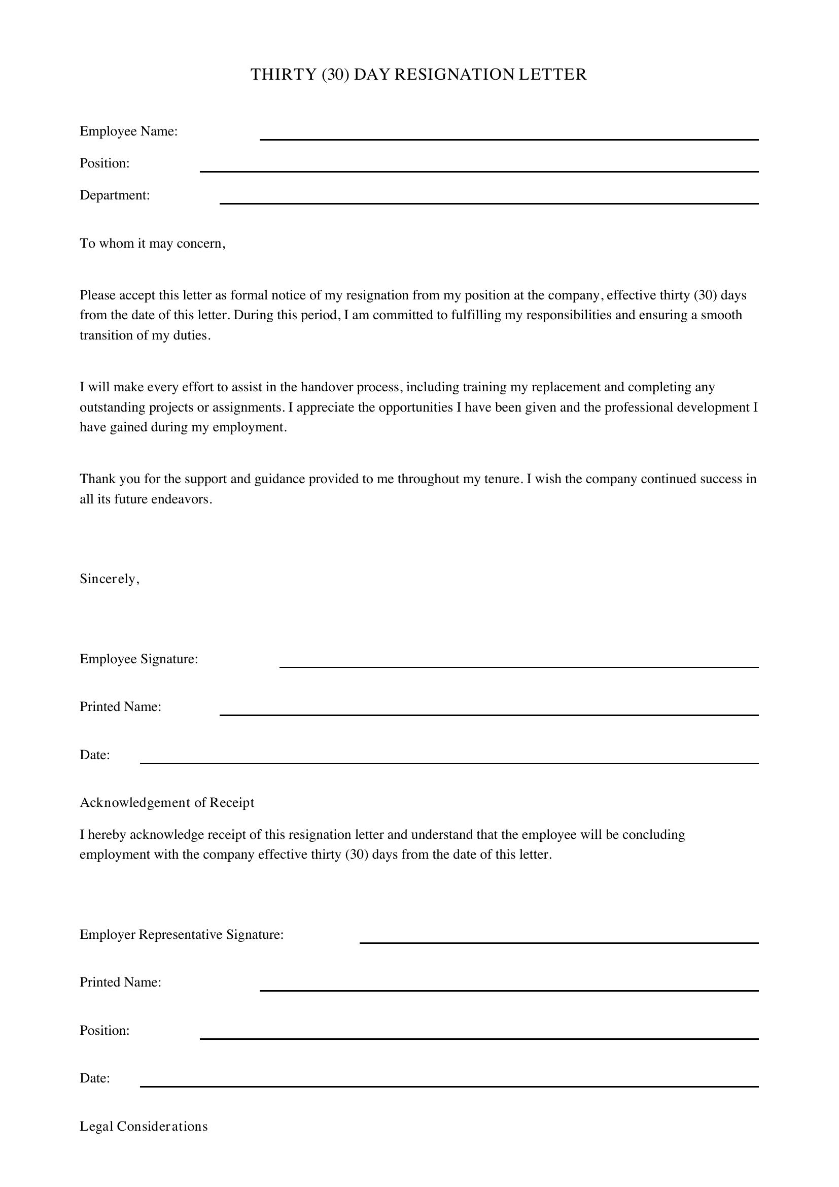 30 Day Resignation Letter Template - US