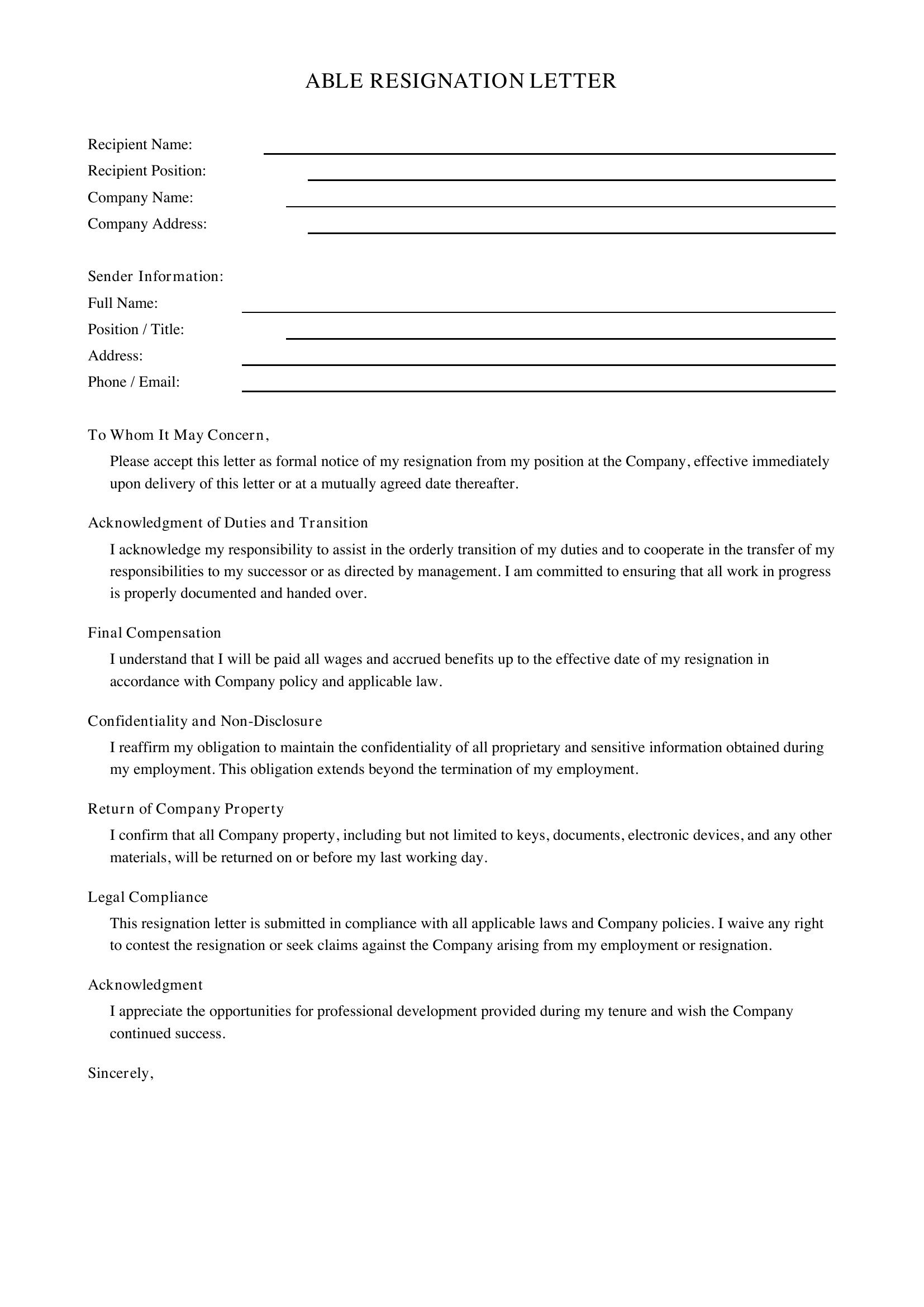 Able Resignation Letter Template - US
