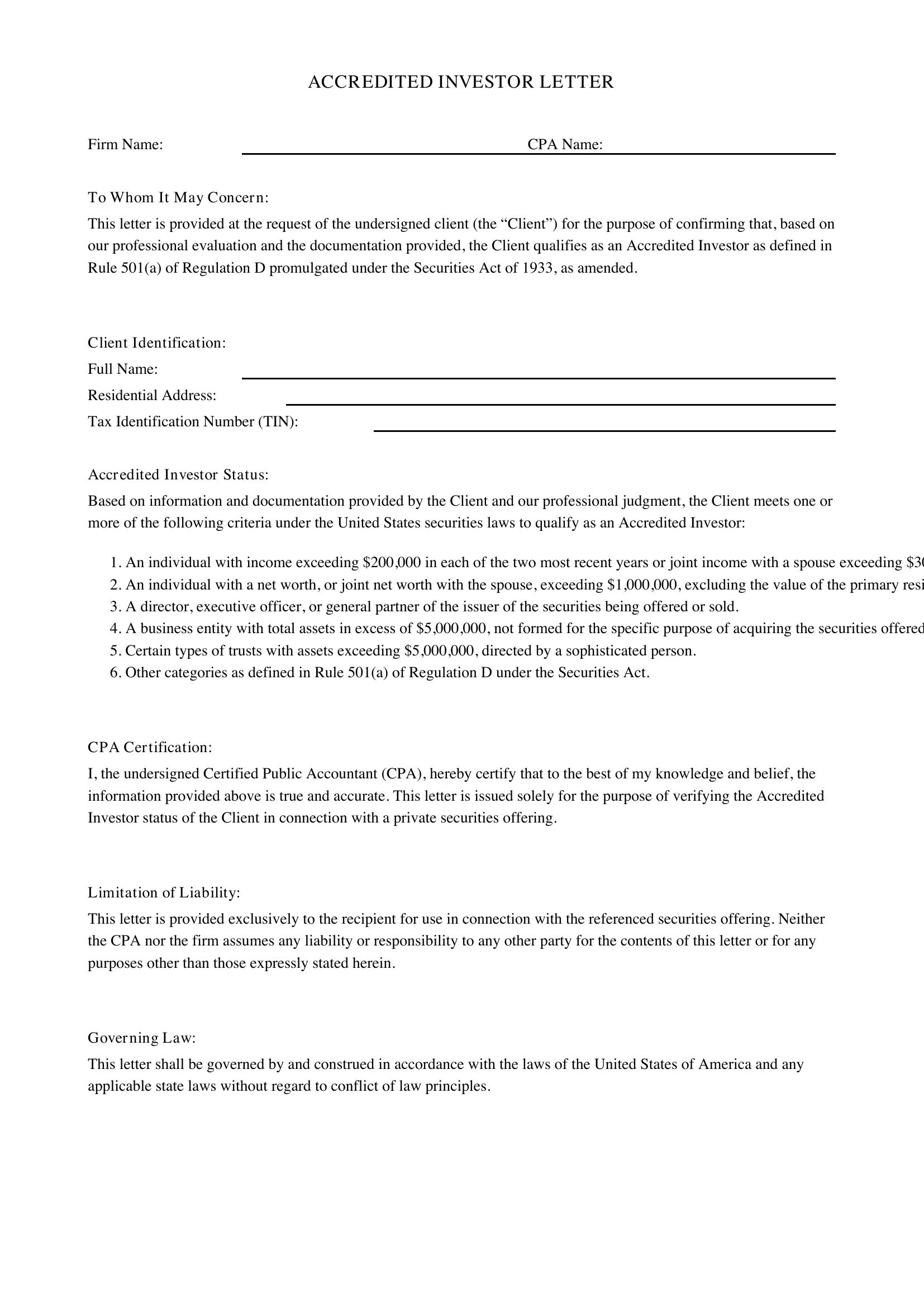 Accredited Investor Letter From Cpa Template - US