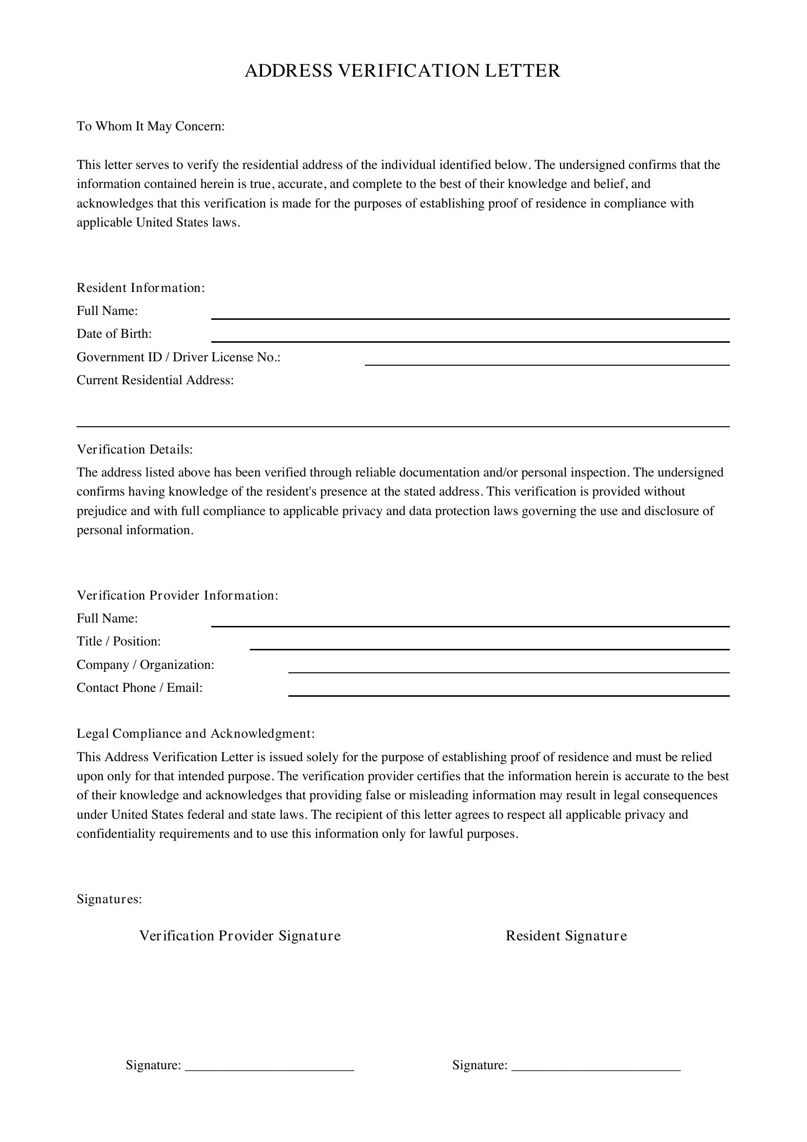 Address Verification Letter Template - US