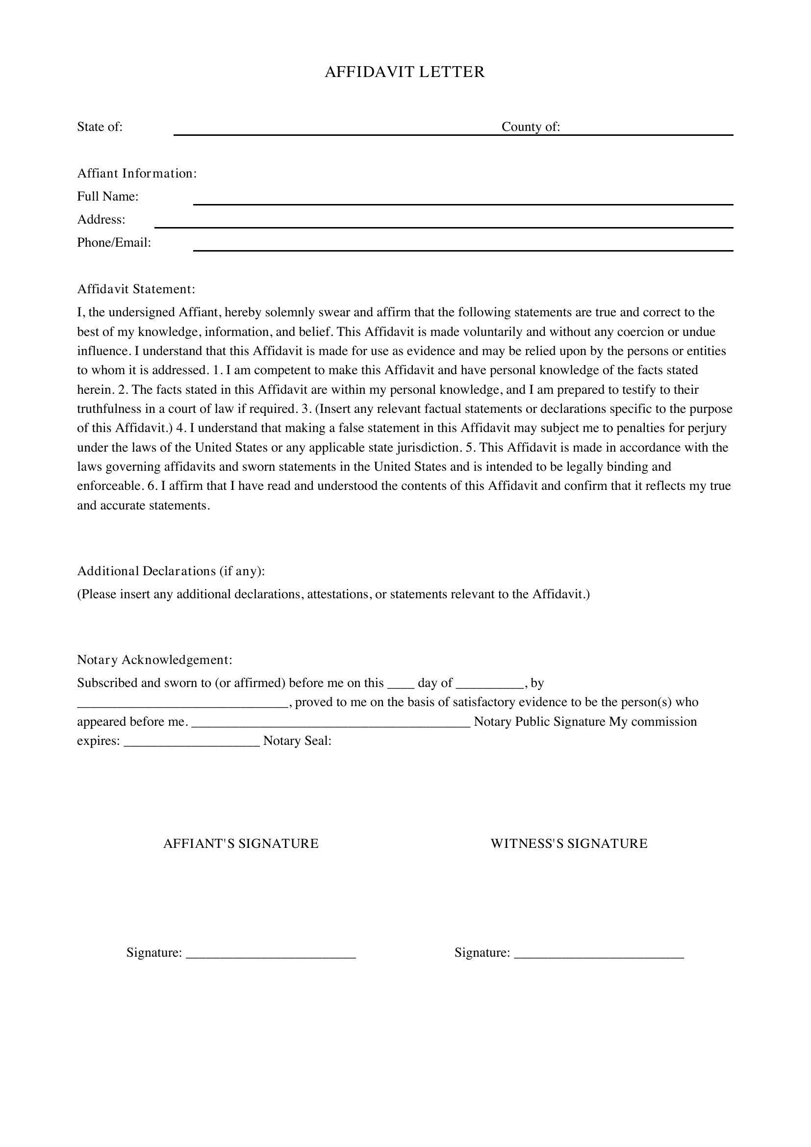 Affidavit Letter Template - US