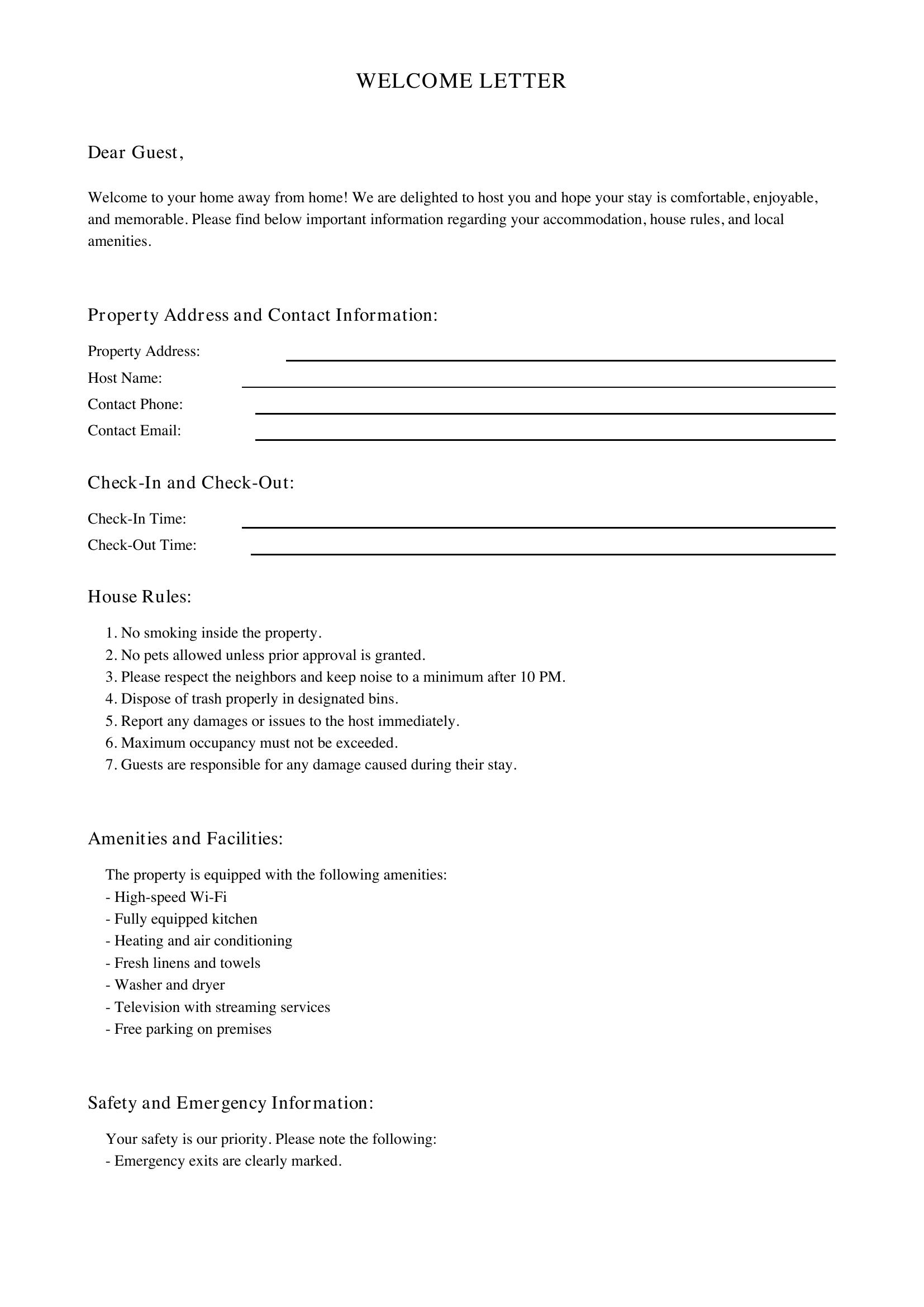 Airbnb Welcome Letter Template - US