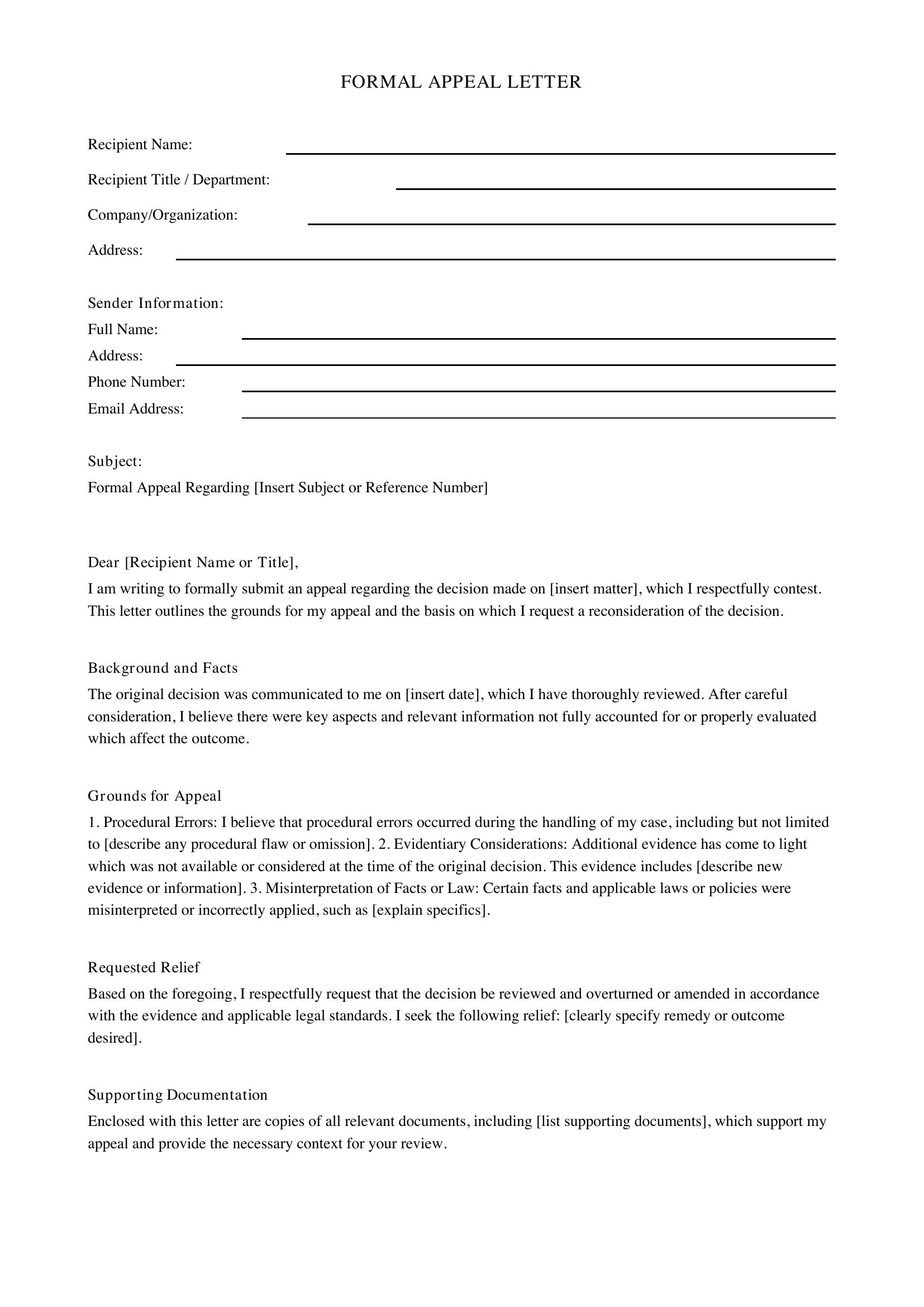 Appeal Letter Template - US