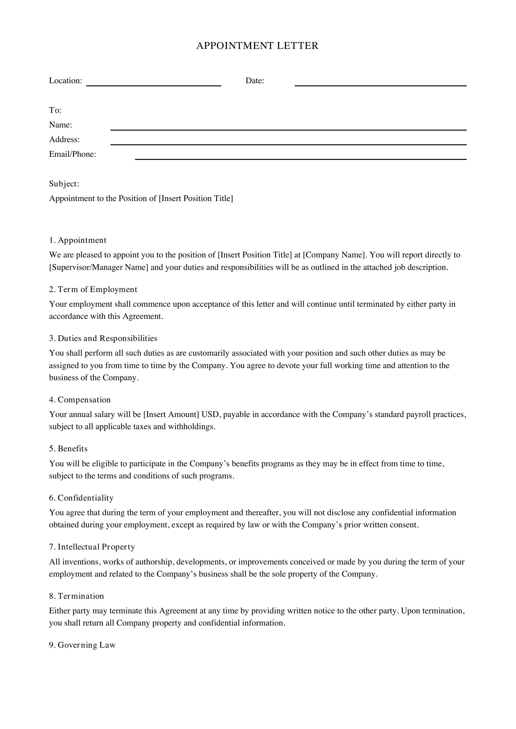 Appointment Letter Template - US