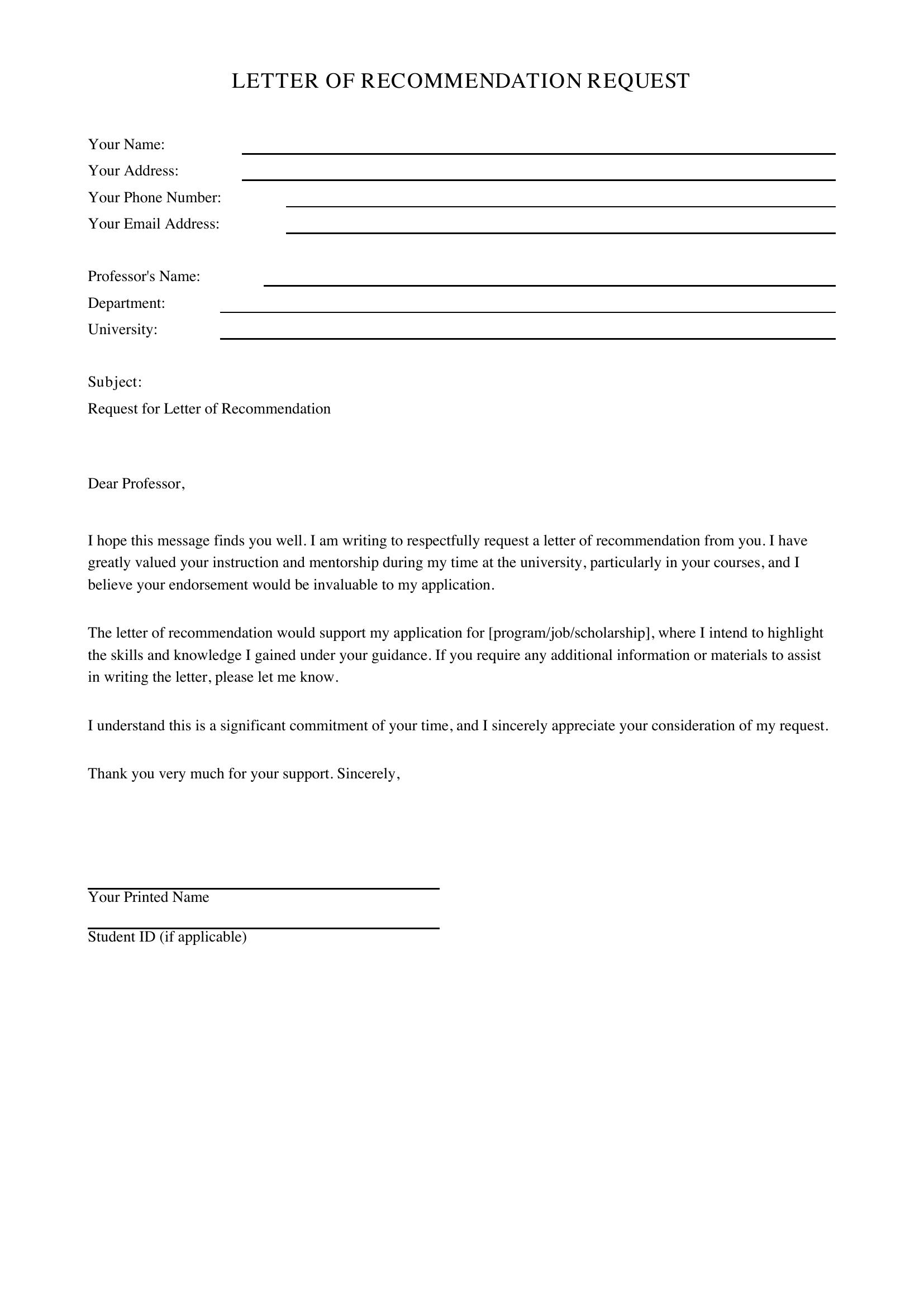 Asking Professor For Letter Of Recommendation Template - US