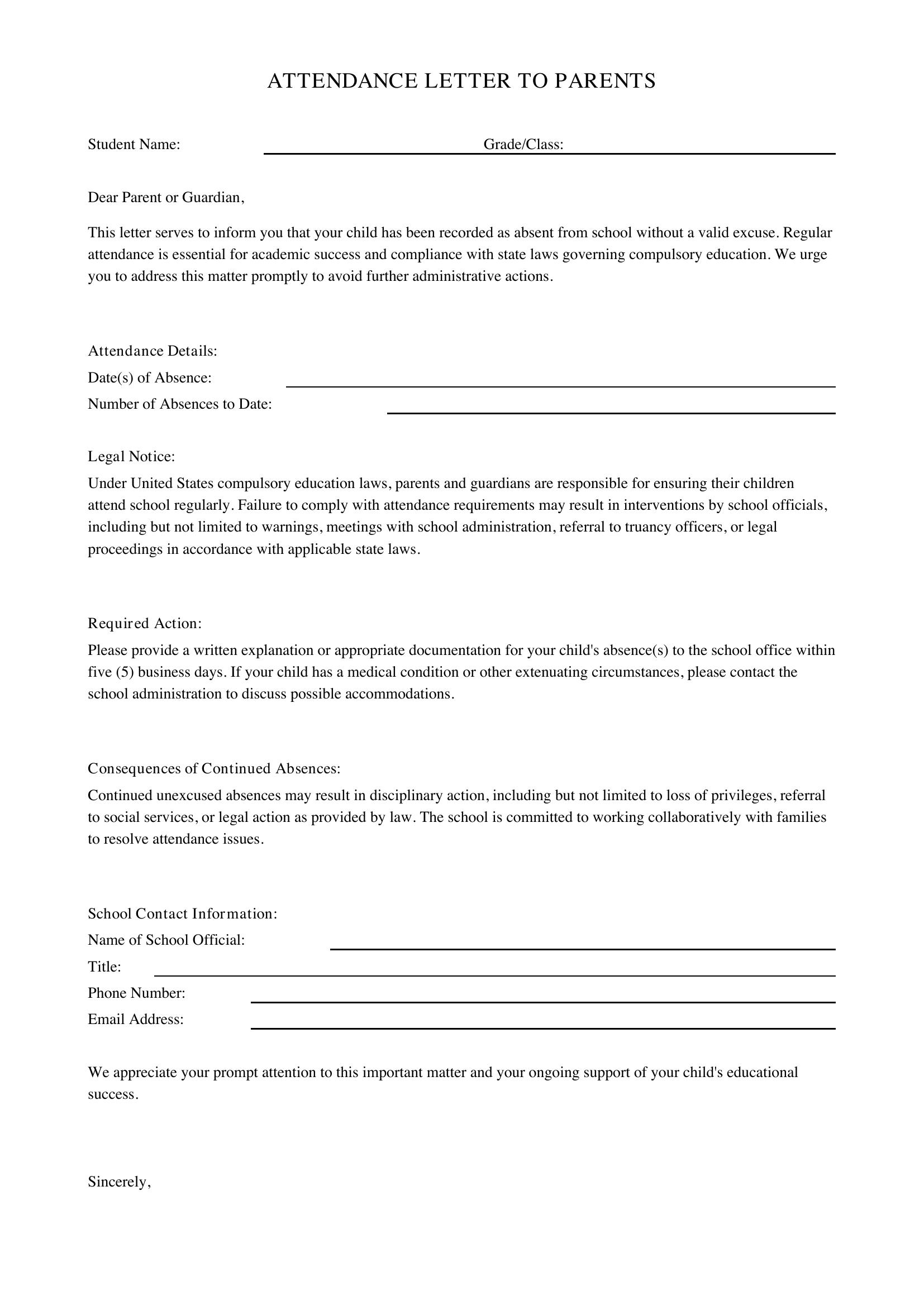 Attendance Letter To Parents Template - US