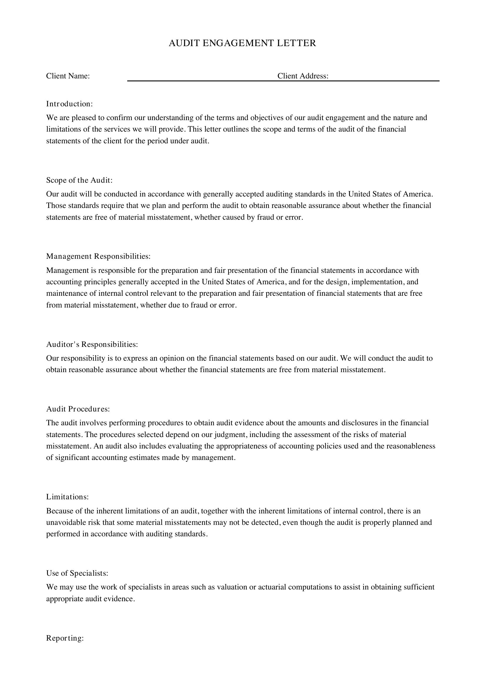 Audit Engagement Letter Template - US