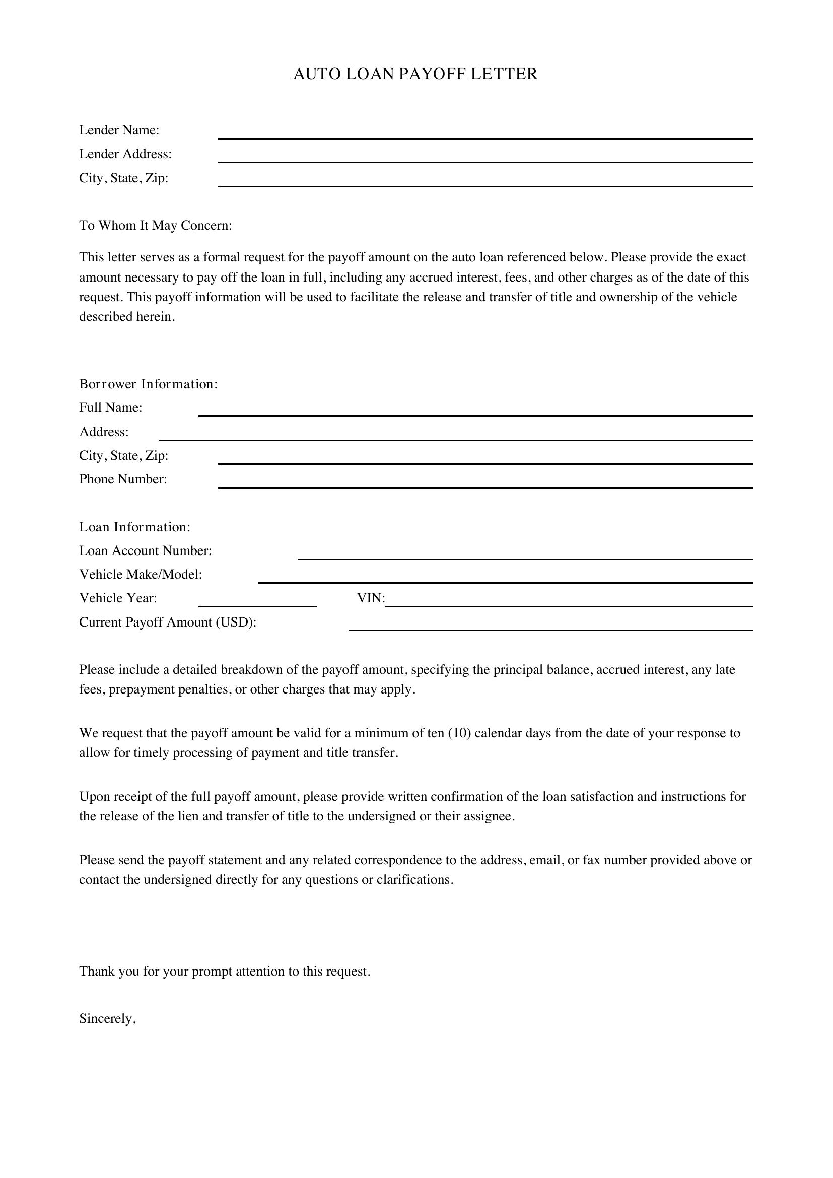 Auto Loan Payoff Letter Template - US