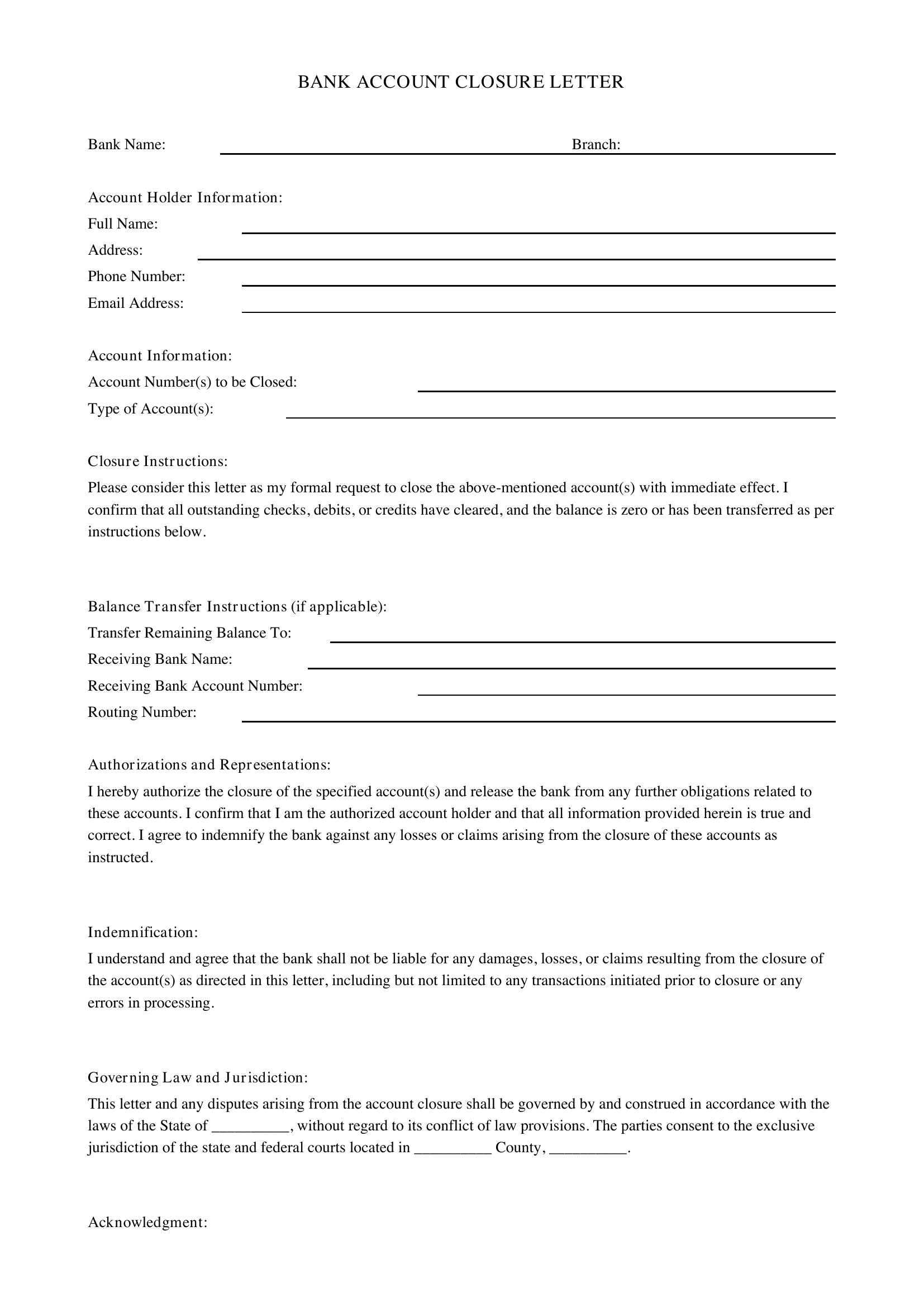 Bank Account Closure Letter Template - US