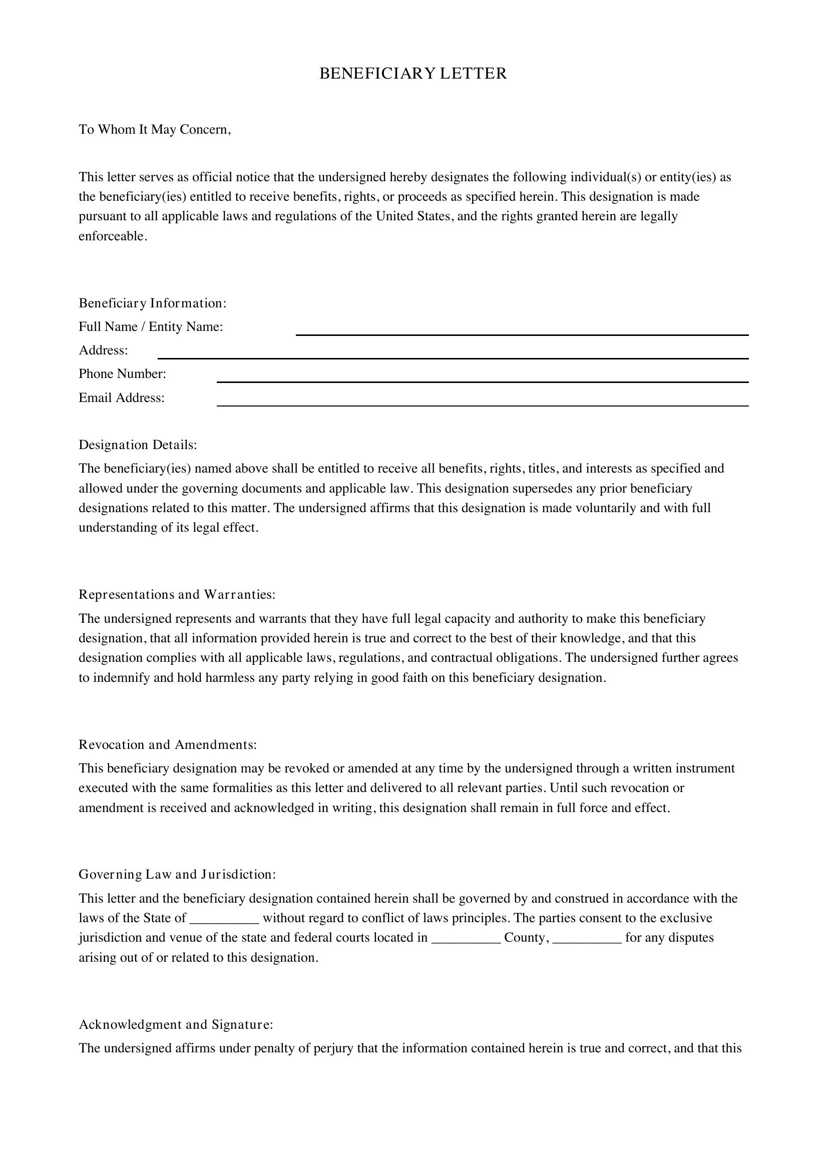 Beneficiary Letter Template - US