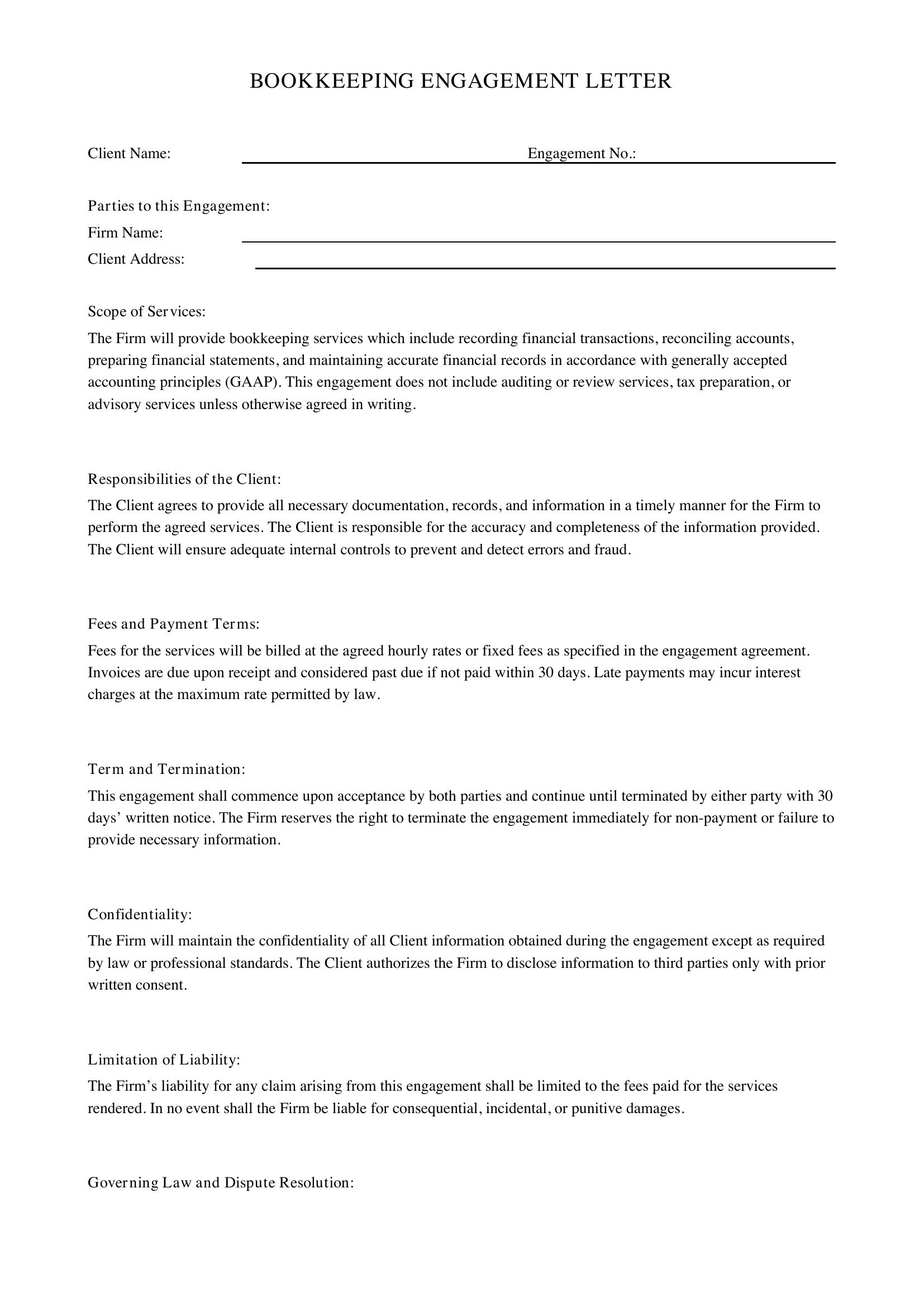Bookkeeping Engagement Letter Template - US