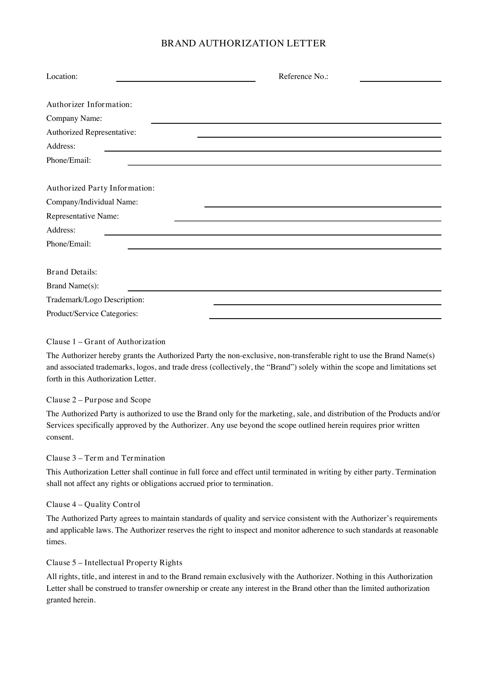 Brand Authorization Letter Template - US