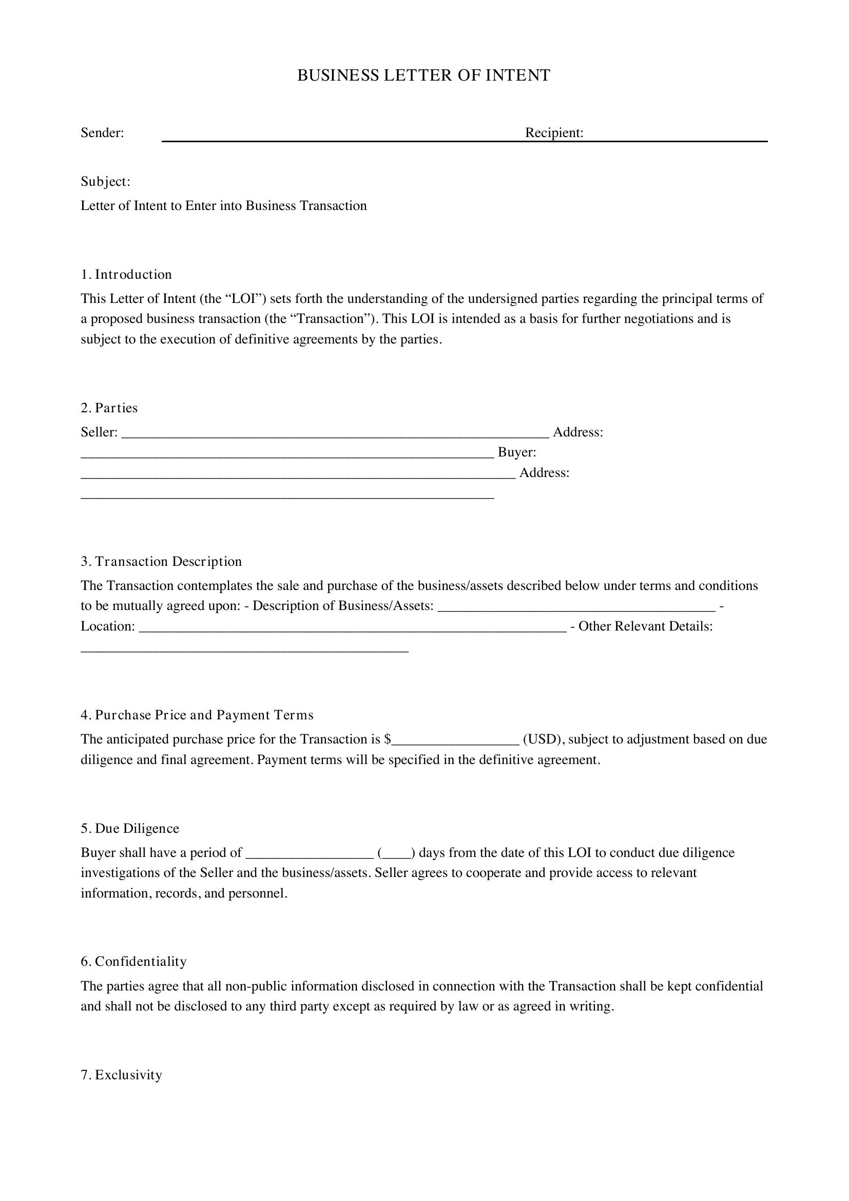 Business Letter Of Intent Template - US