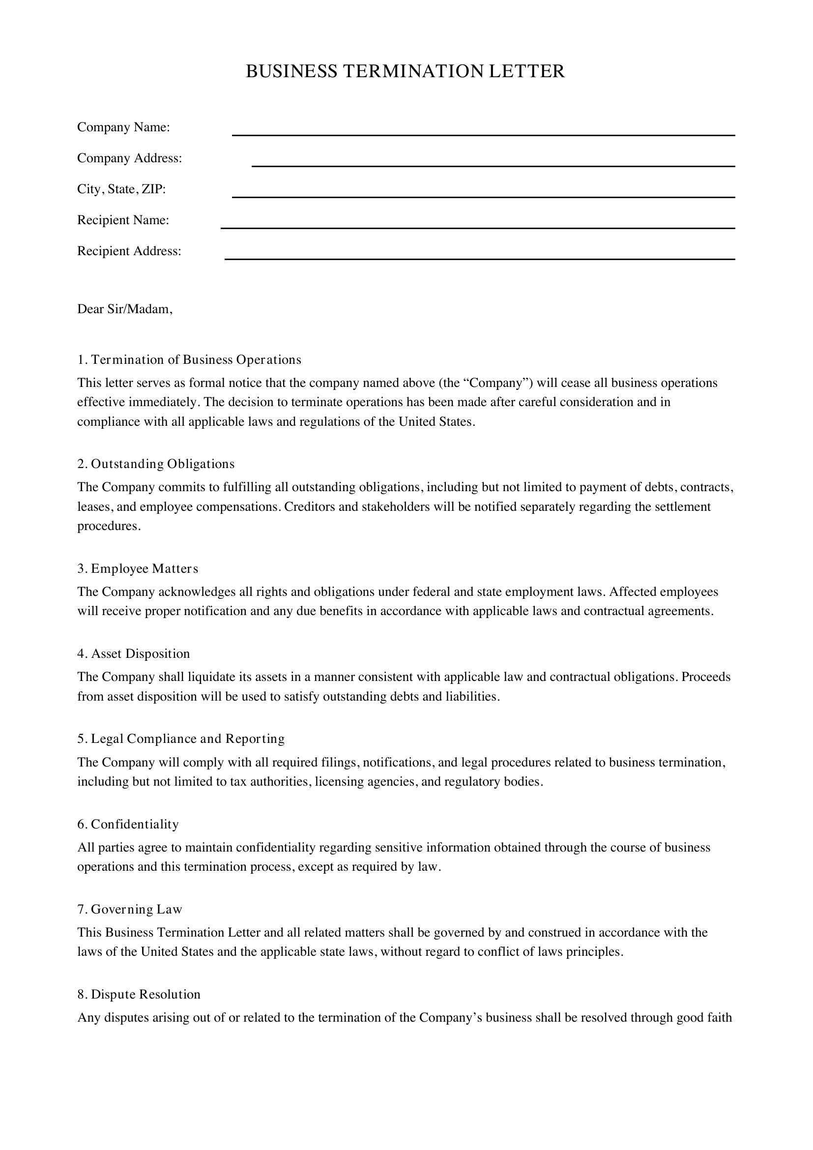 Business Termination Letter Template - US
