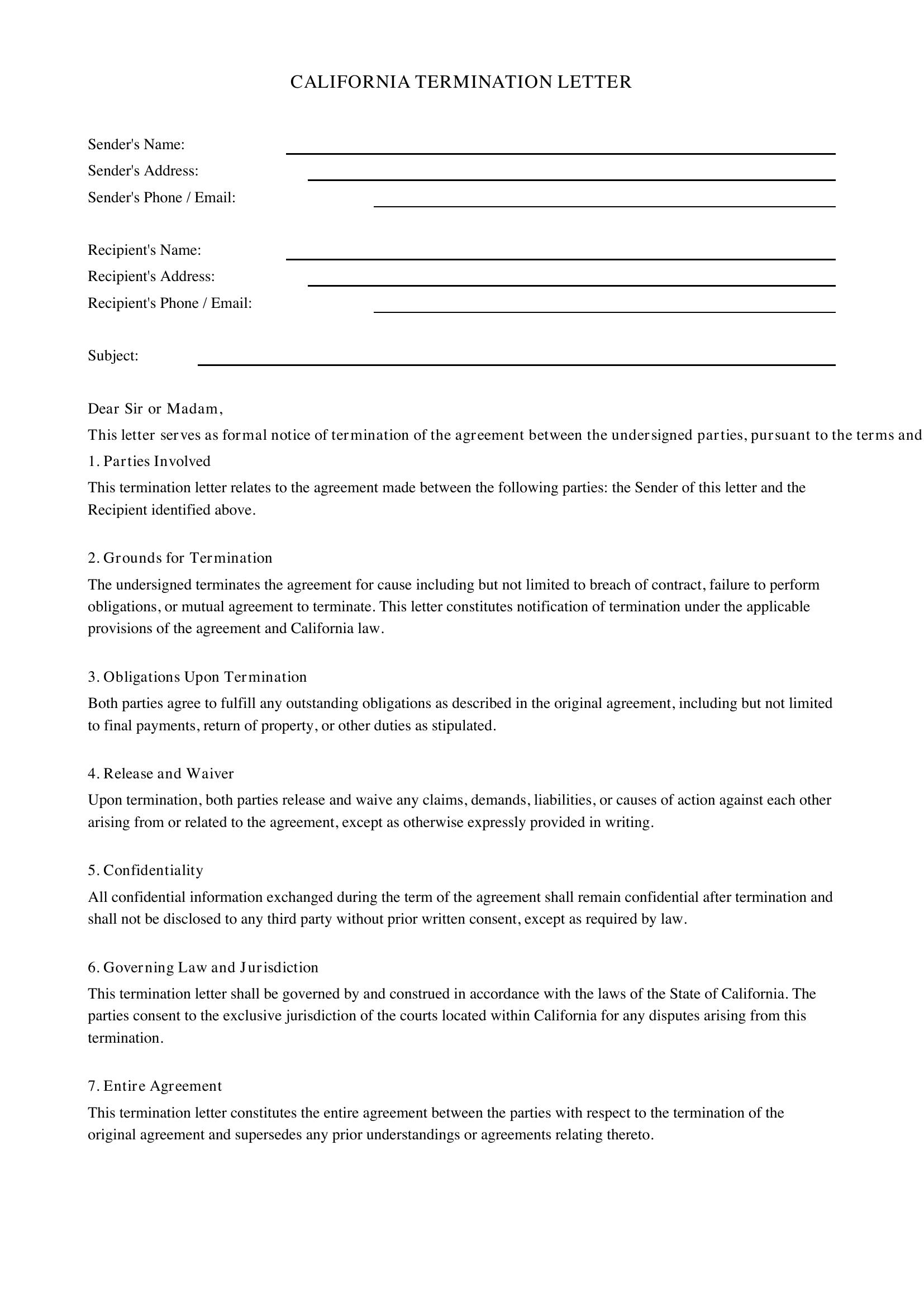 California Termination Letter Template - US