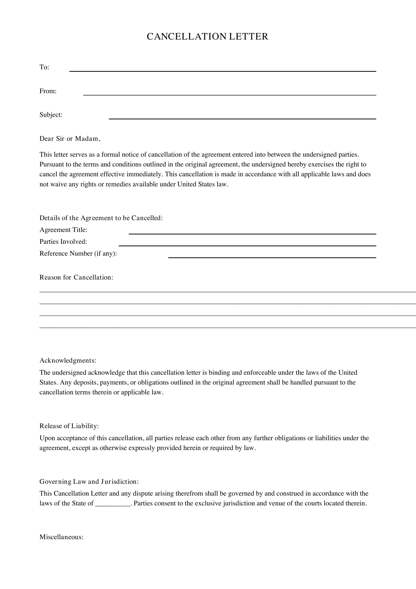Cancellation Letter Template - US