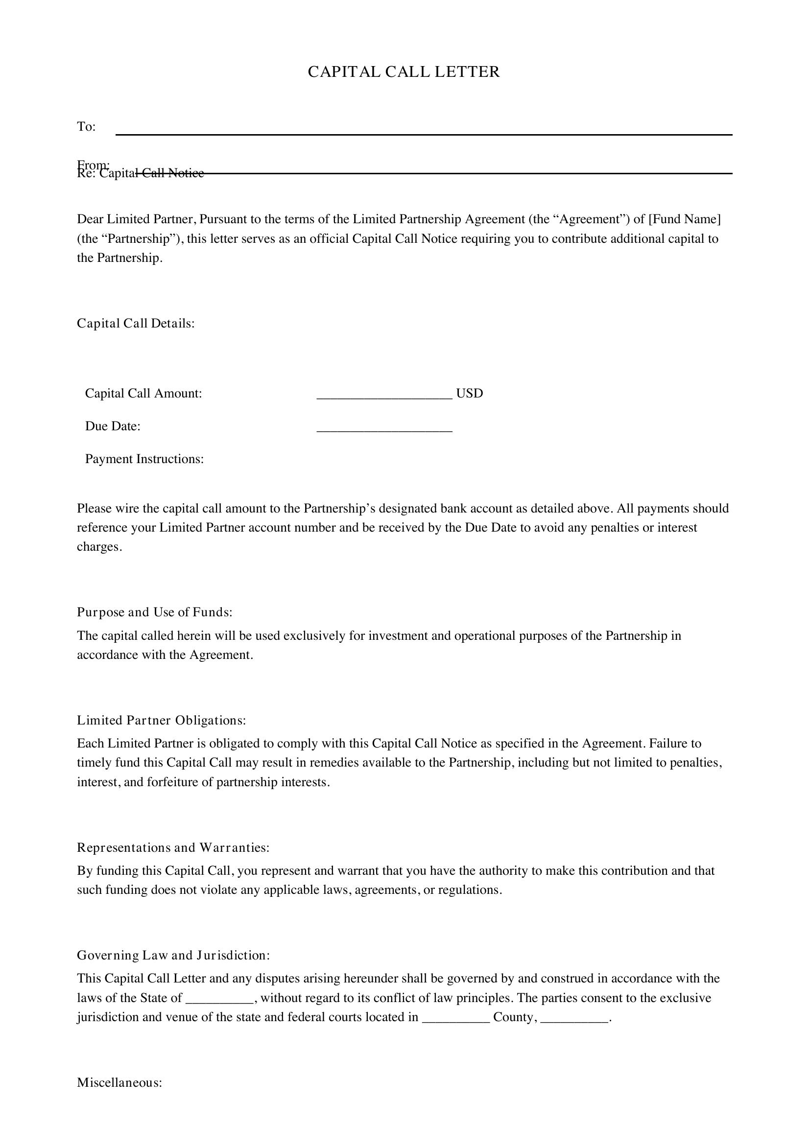 Capital Call Letter Template - US