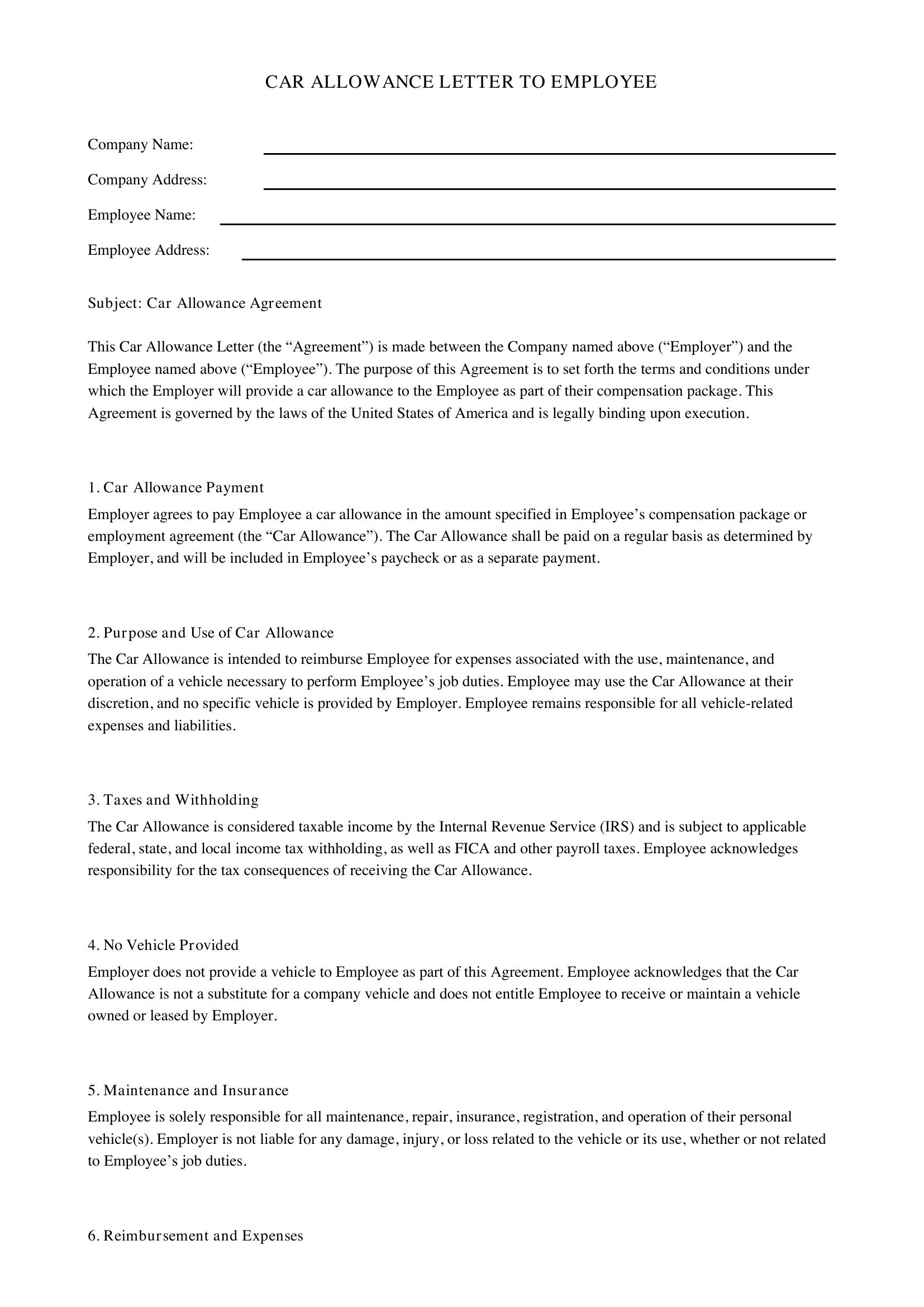 Car Allowance Letter To Employee Template - US