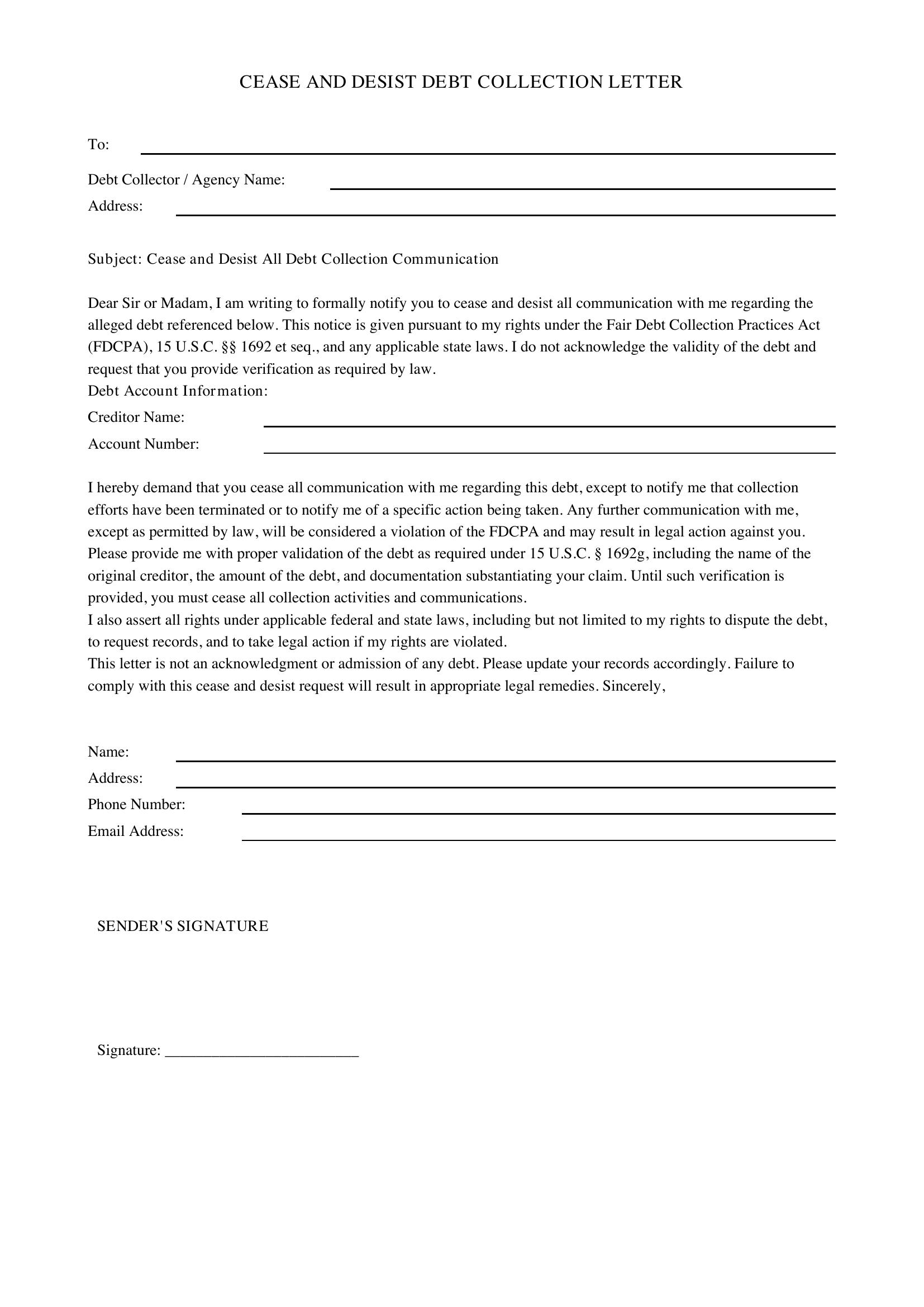 Cease And Desist Debt Collection Letter Template - US