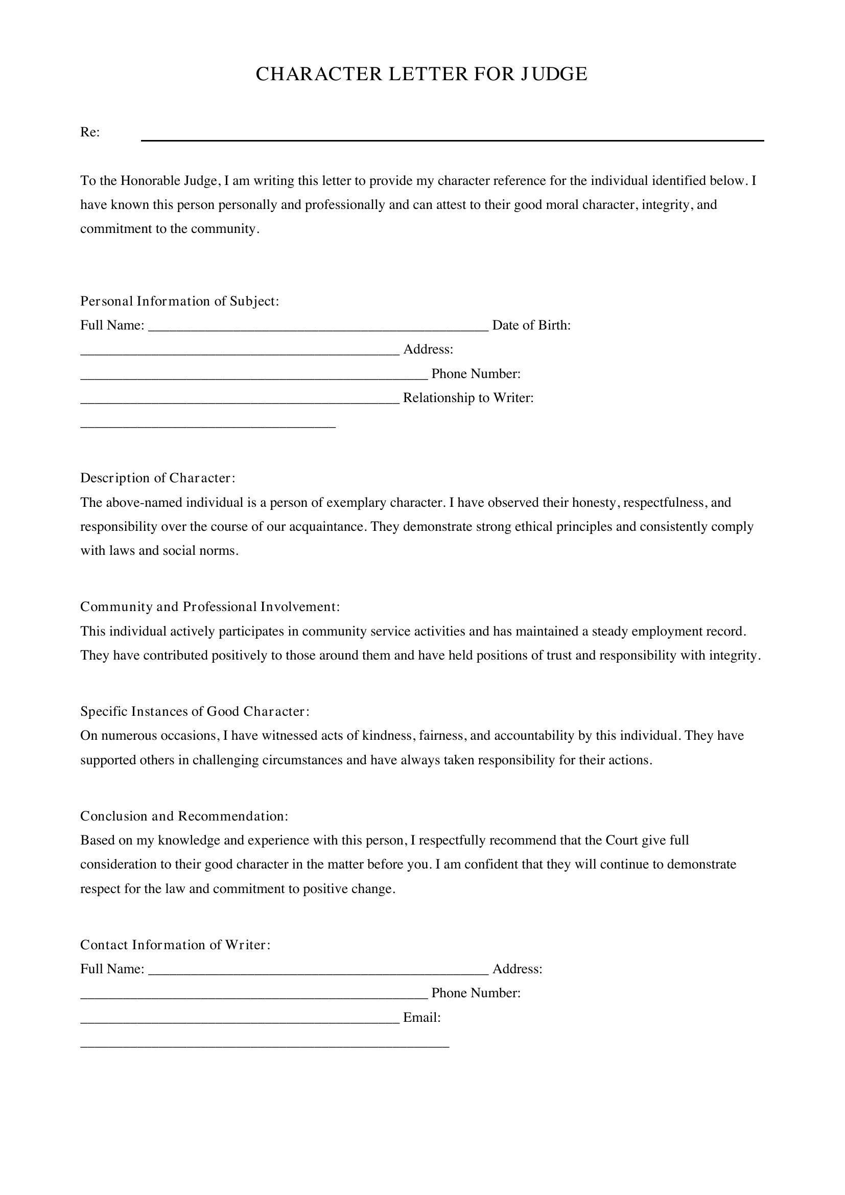 Character Letter For Judge Template - US