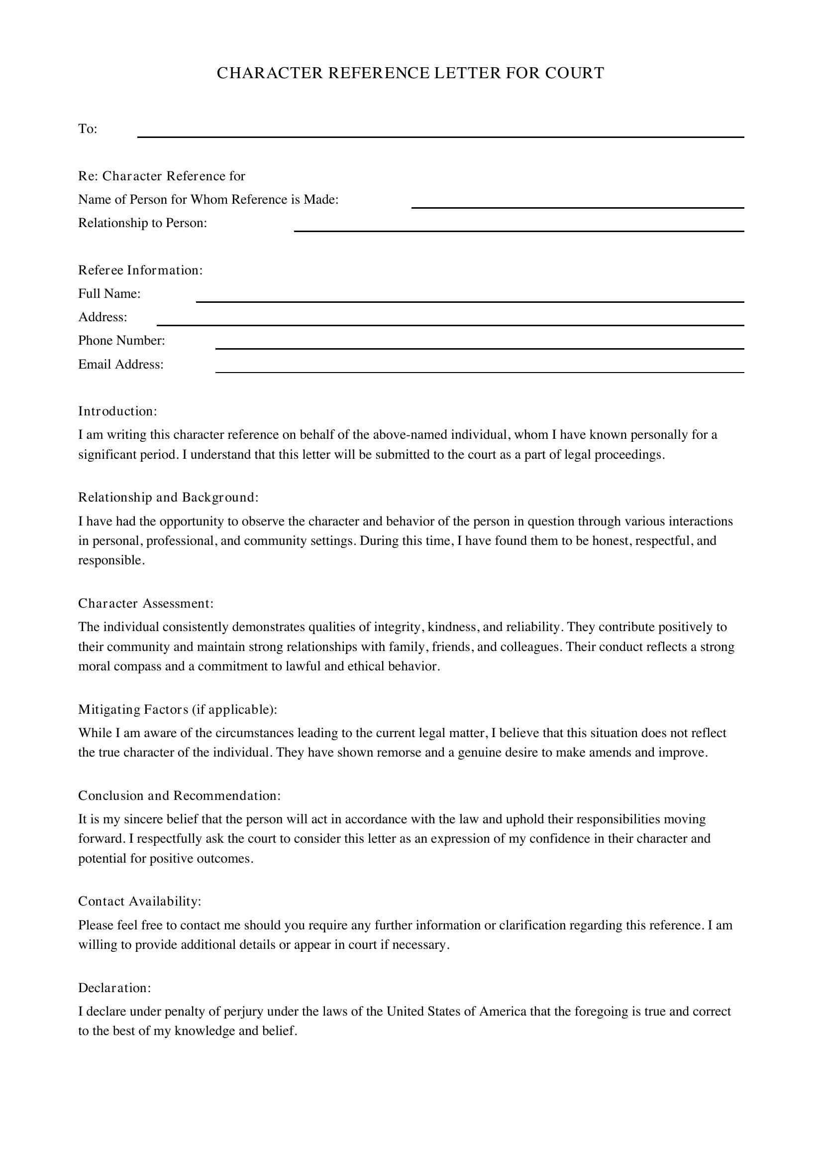 Character Reference Letter For Court Template - US