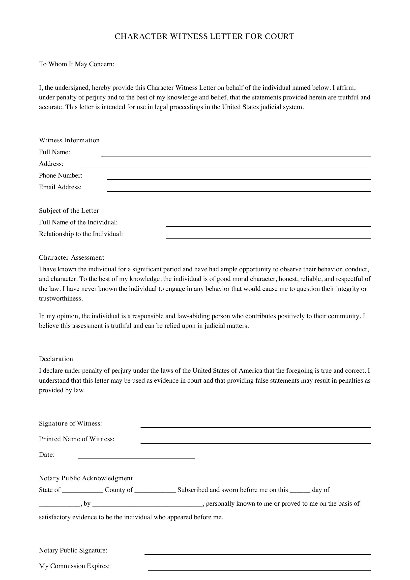 Character Witness Letter For Court Template - US
