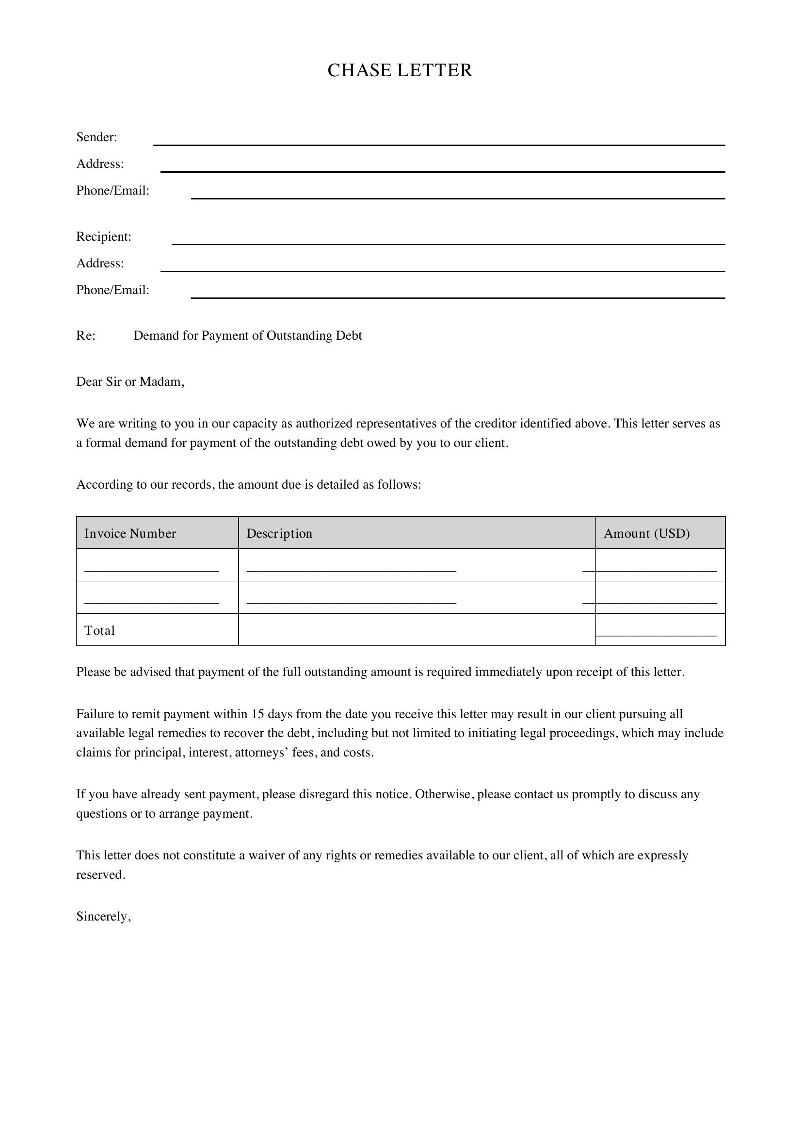 Chase Letter Template - US