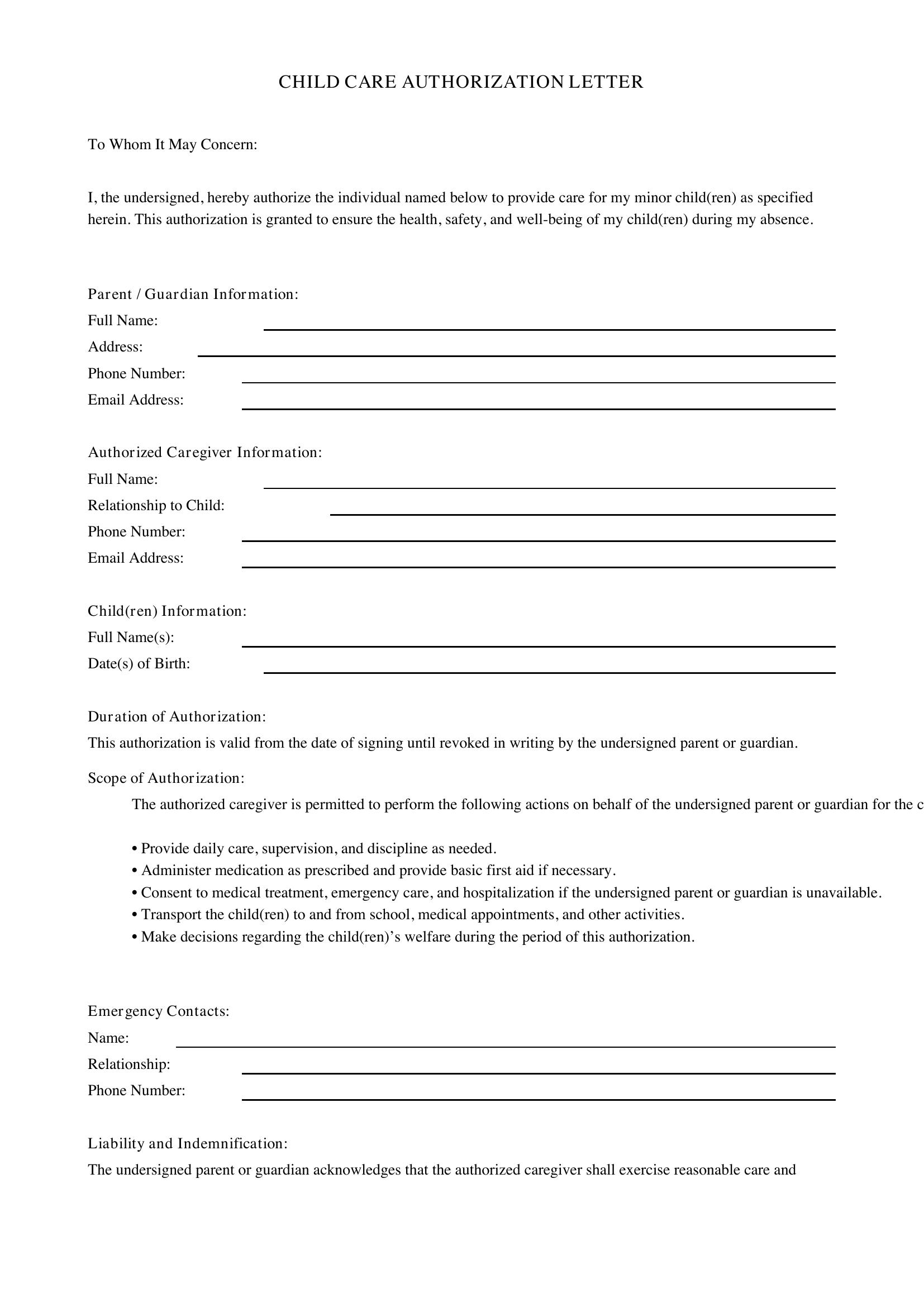 Child Care Letter Template - US