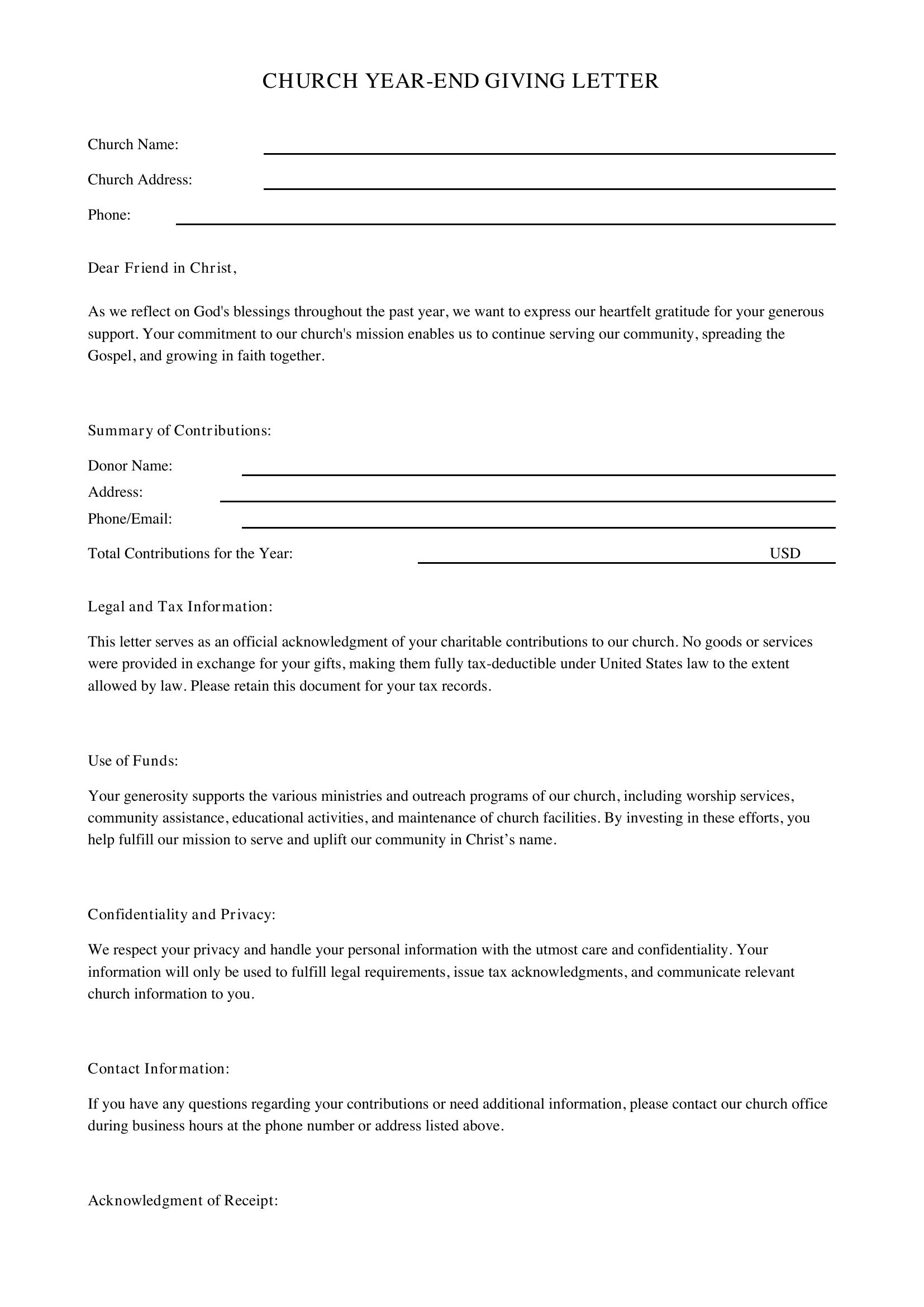 Church Year End Giving Letter Template - US