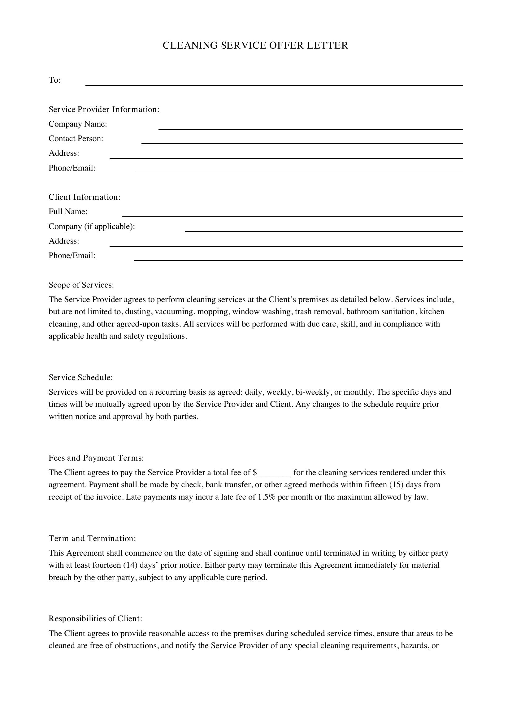 Cleaning Service Offer Letter Template - US