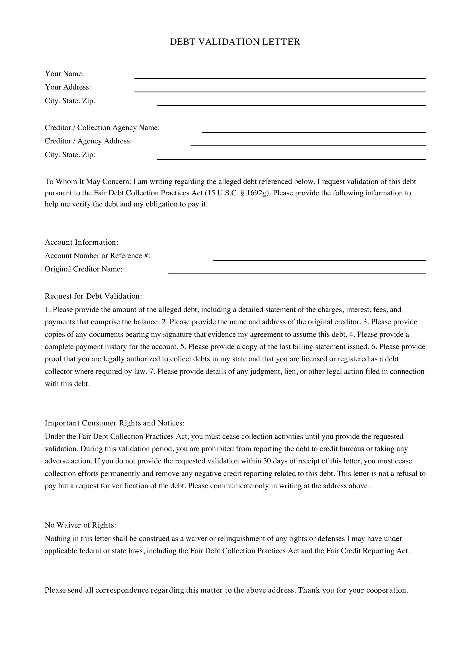 Collection Agency Debt Validation Letter Template - US