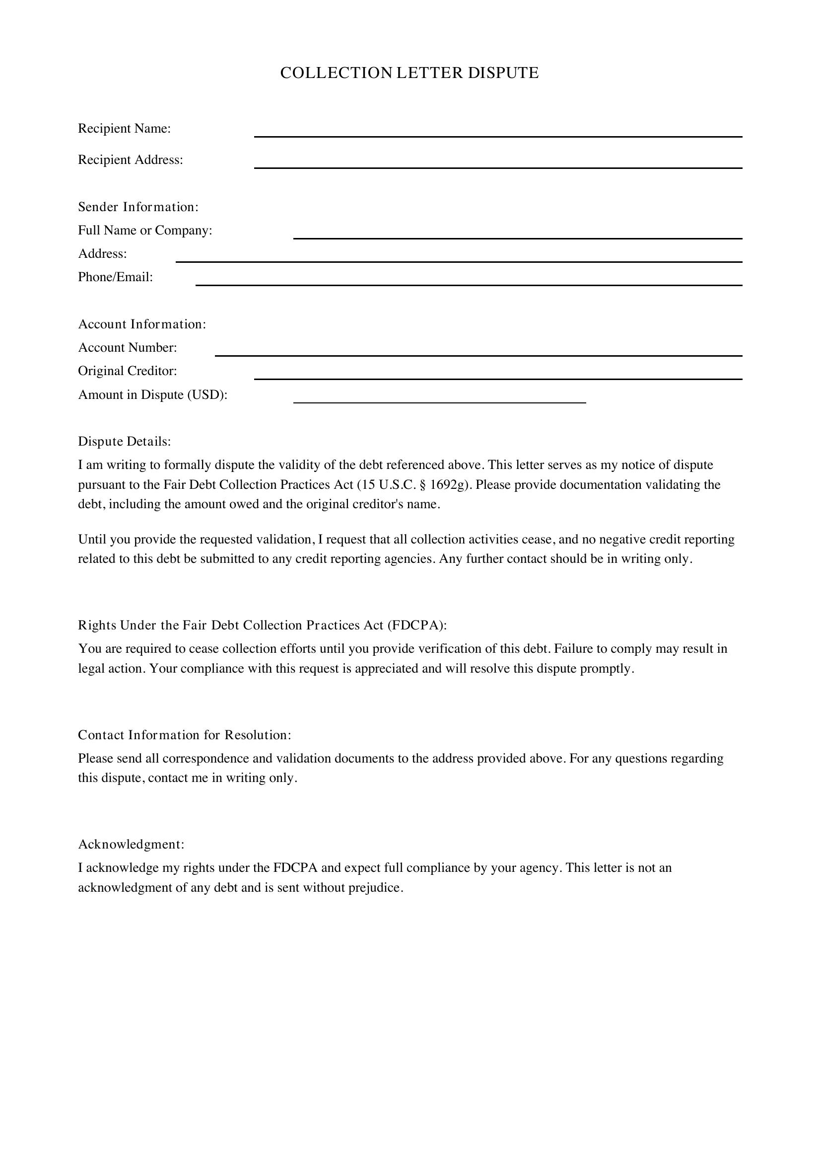 Collection Letter Dispute Template - US