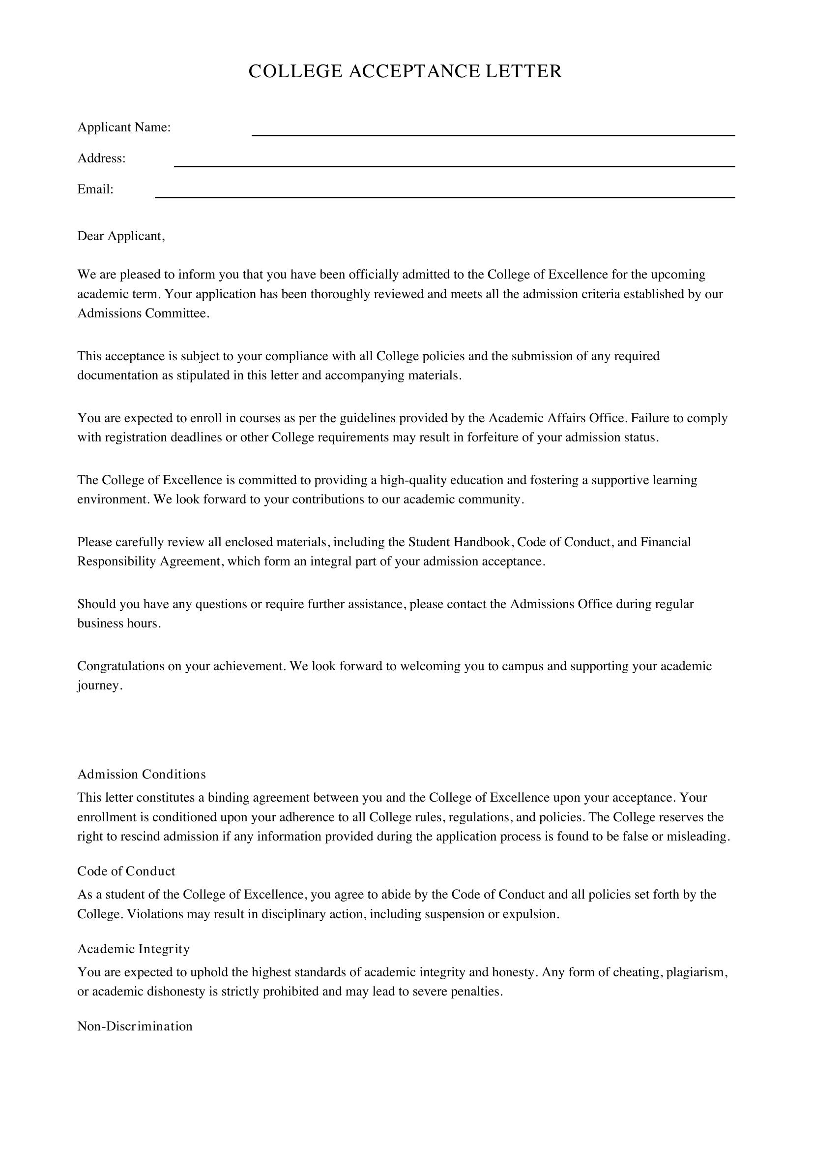 College Acceptance Letter Template - US