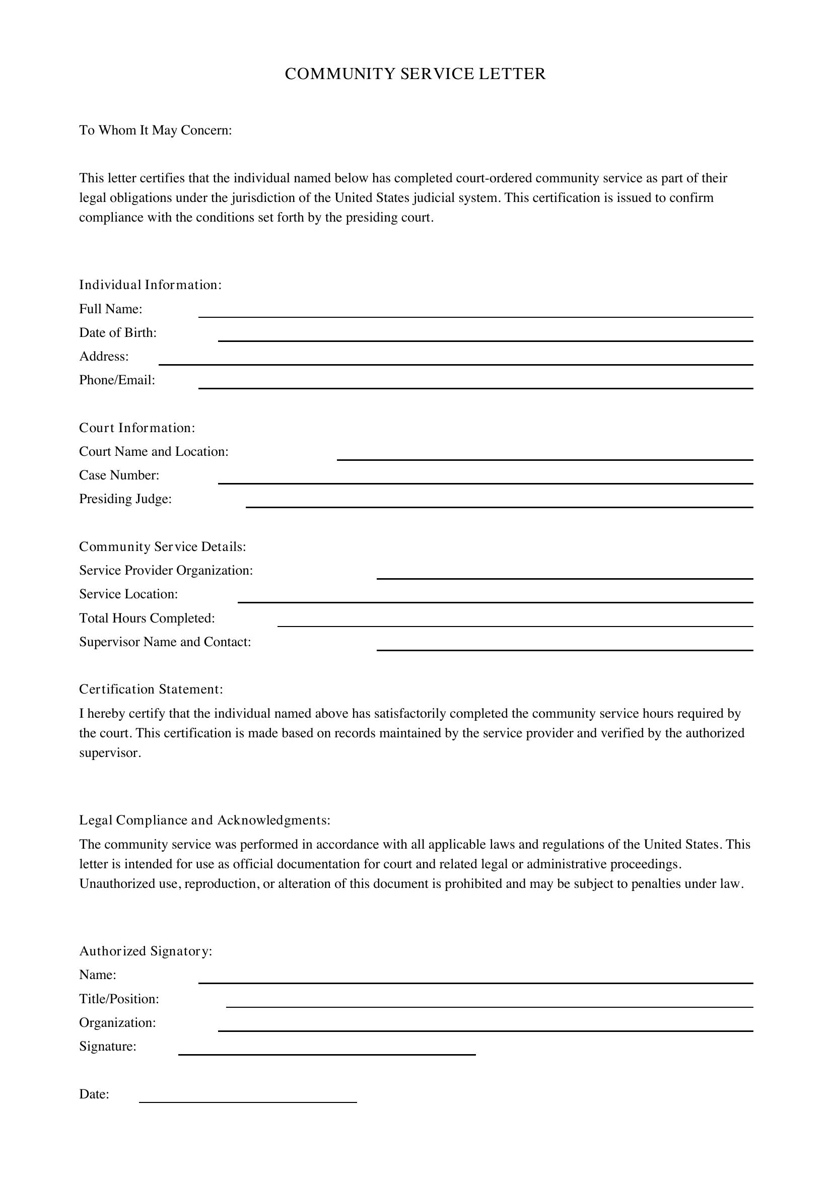 Community Service Letter For Court Template - US