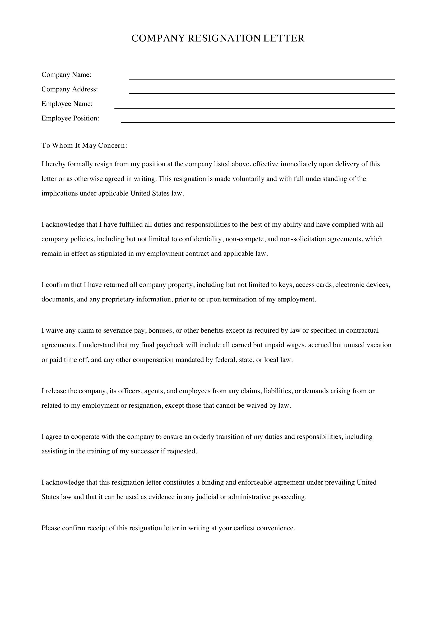 Company Resignation Letter Template - US
