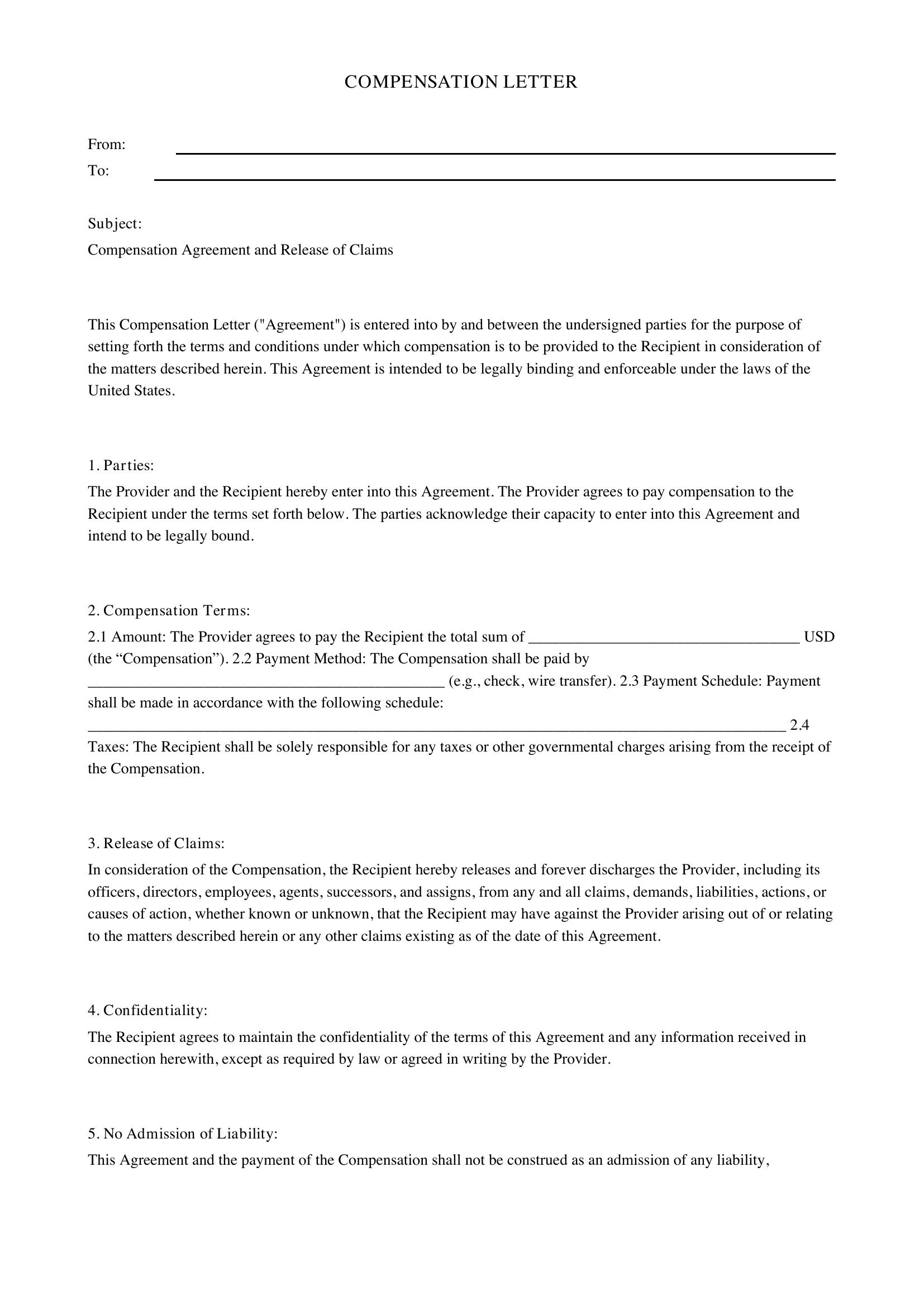 Compensation Letter Template - US