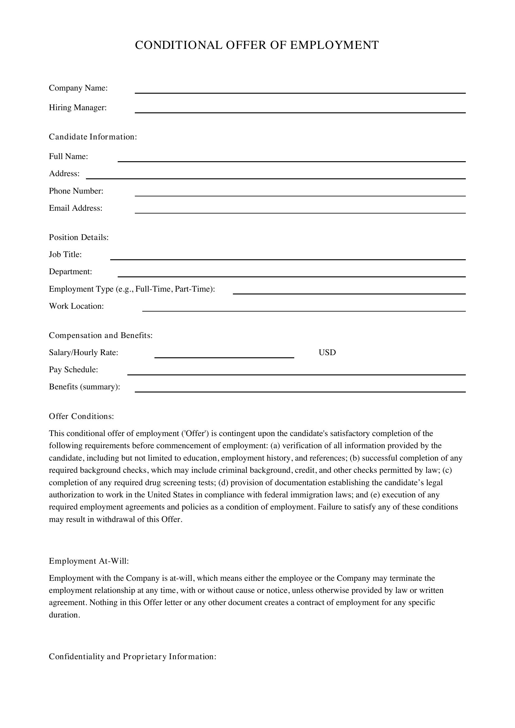 Conditional Offer Of Employment Letter Template - US