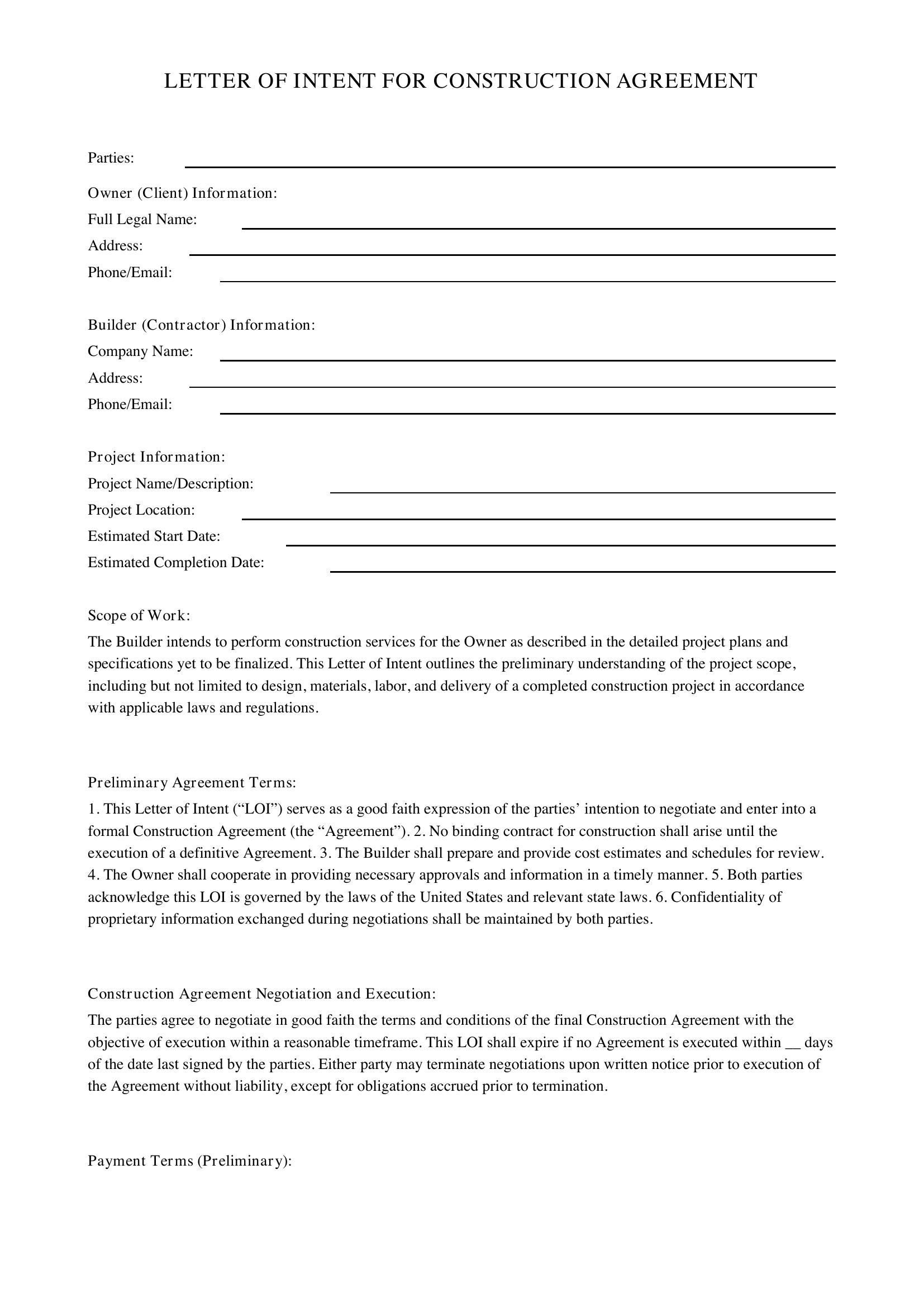 Construction Letter Of Intent Template - US