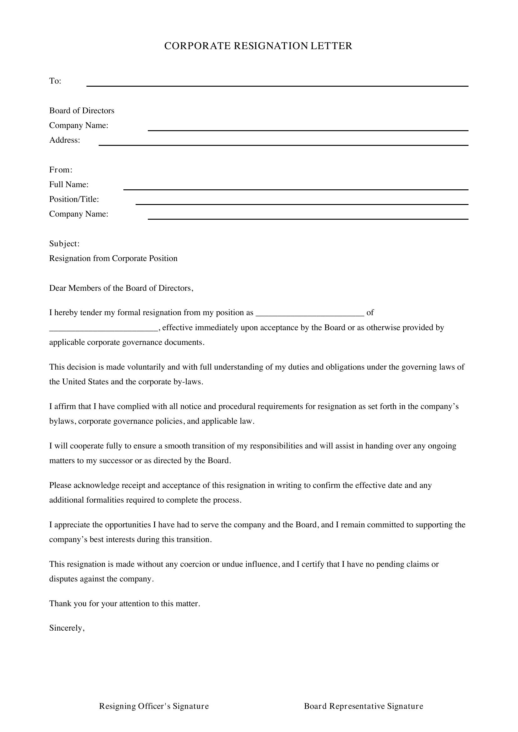 Corporate Resignation Letter Template - US