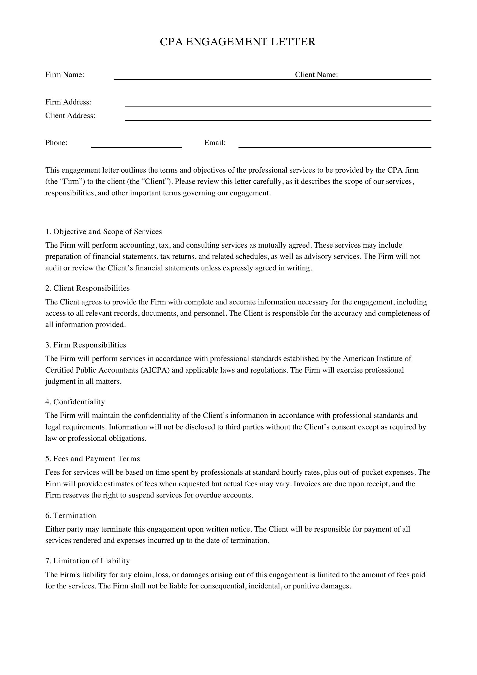 Cpa Engagement Letter Template - US