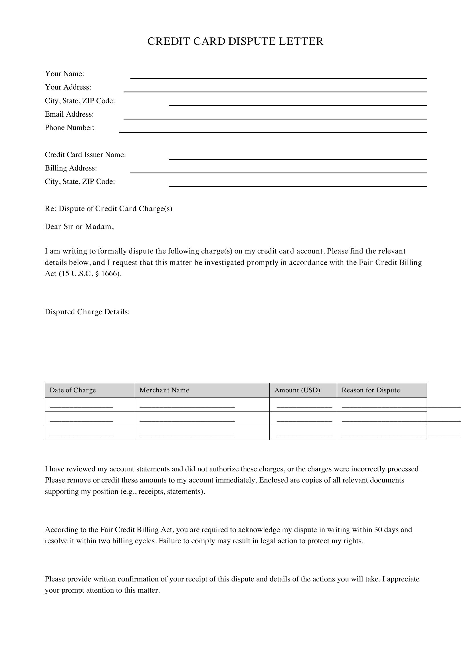 Credit Card Dispute Letter Template - US