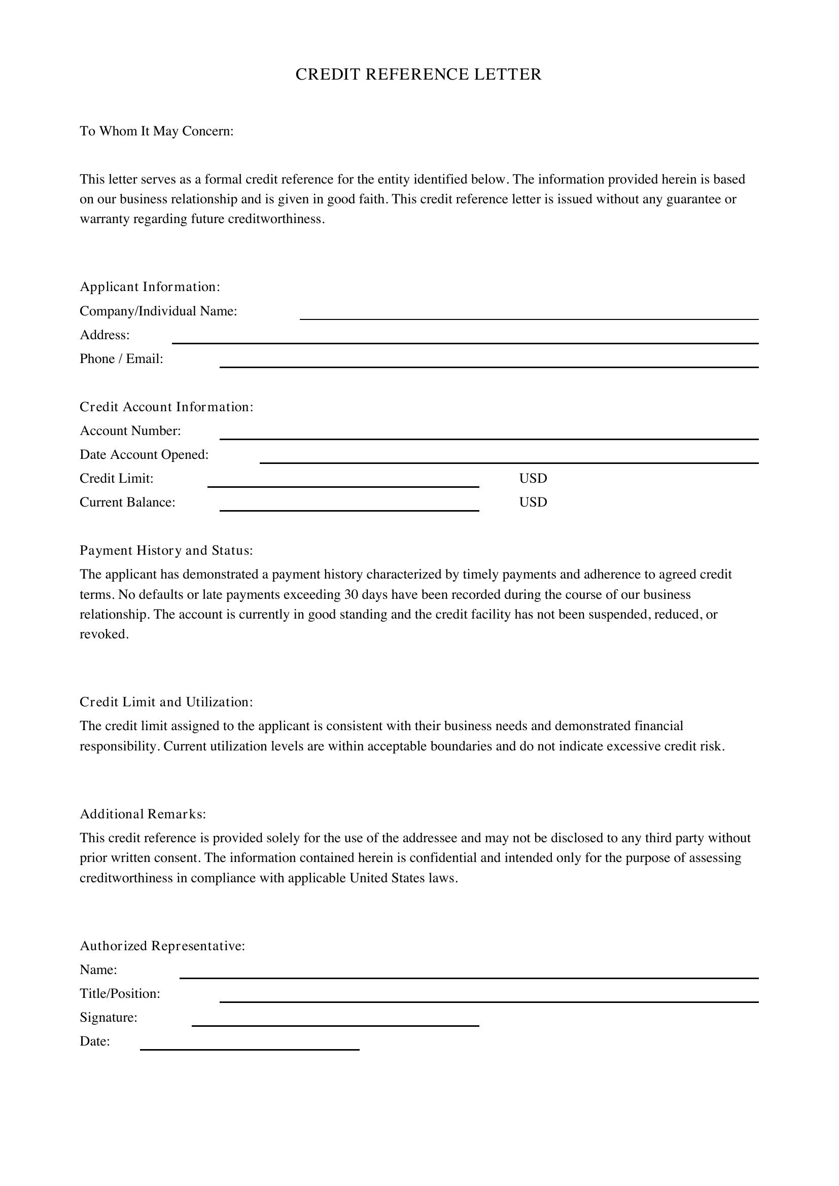 Credit Reference Letter Template - US