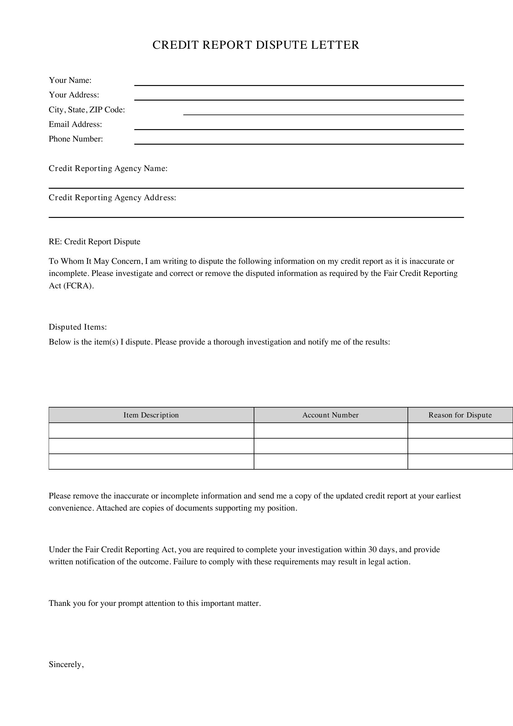 Credit Report Dispute Letter Template - US
