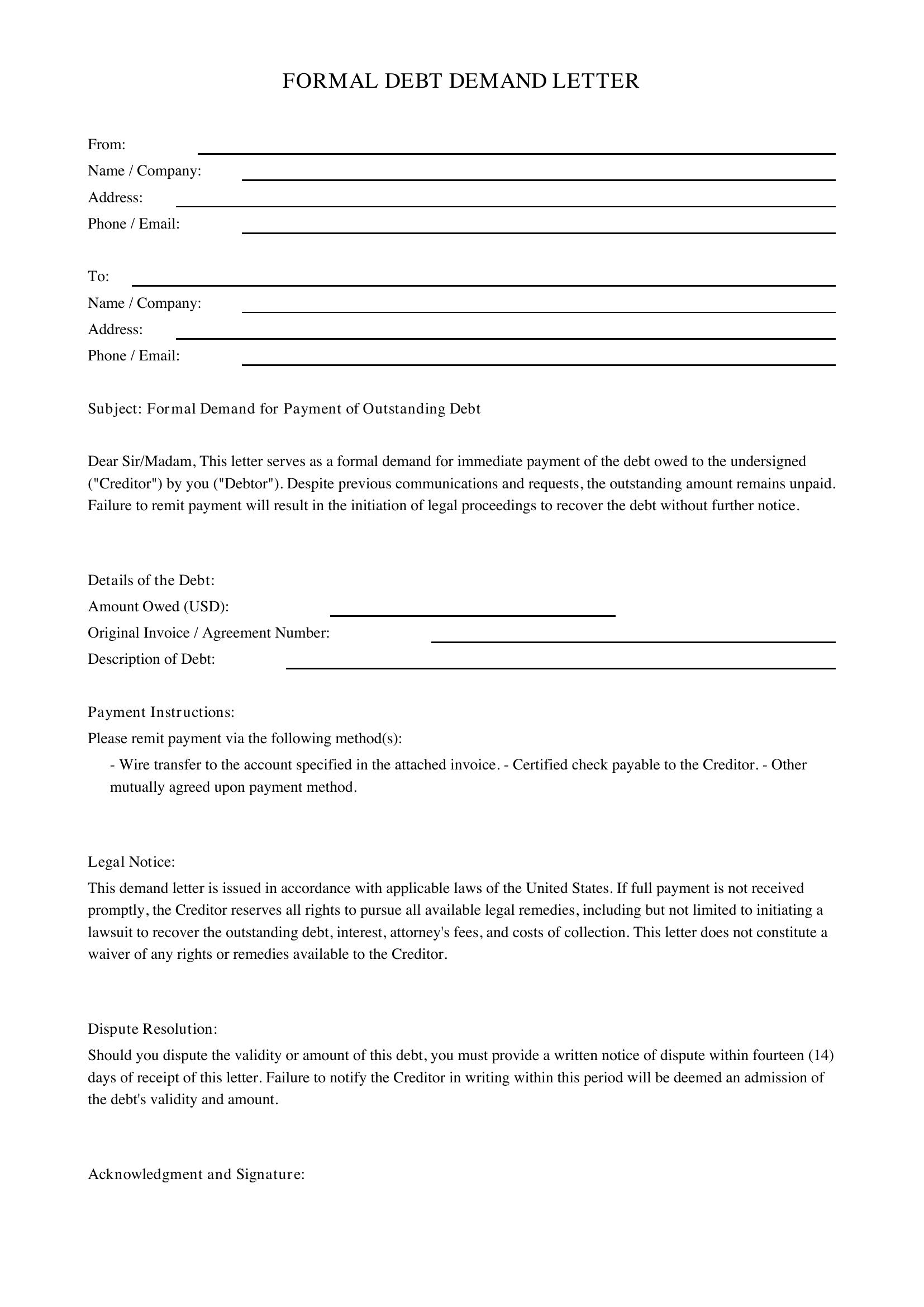 Debt Letter Template - US