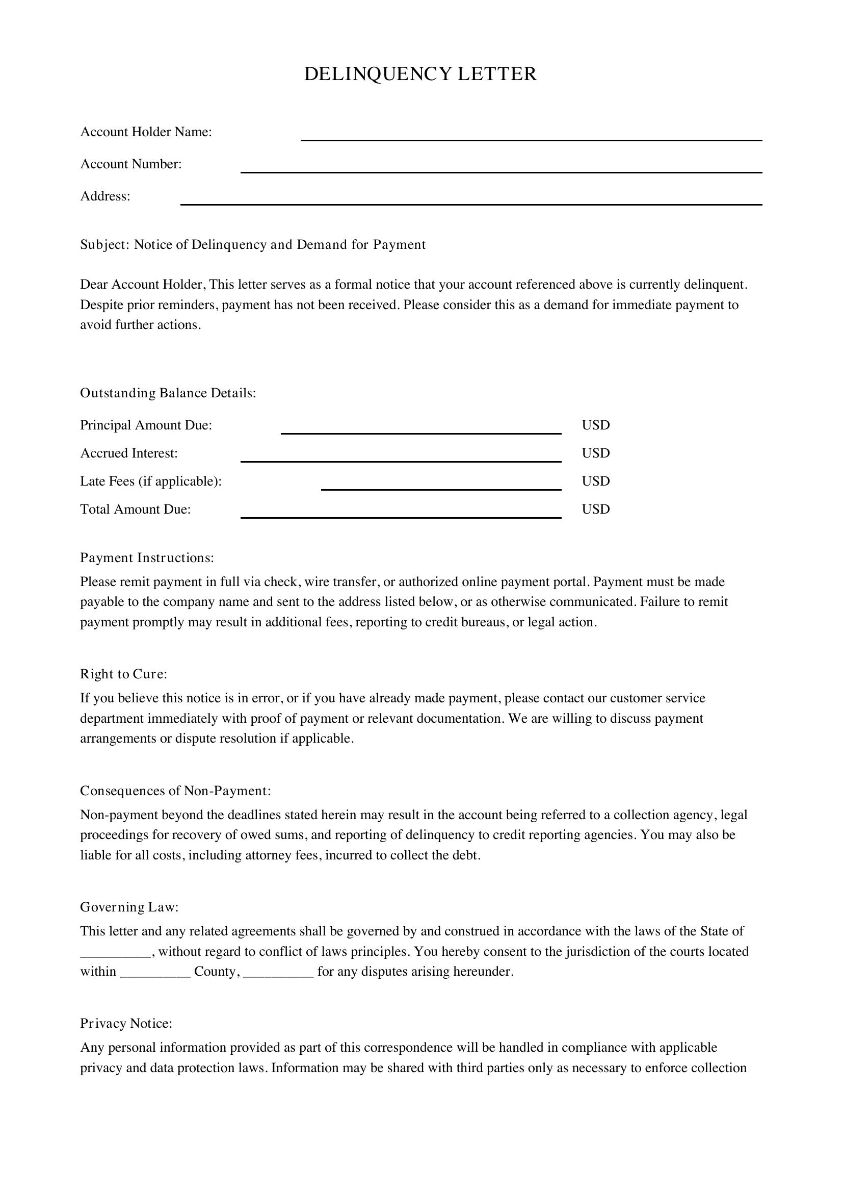 Delinquency Letter Template - US