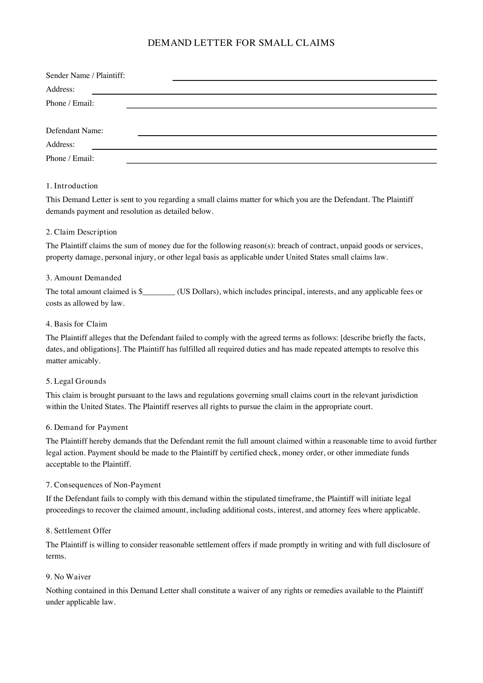 Demand Letter Small Claims Template - US