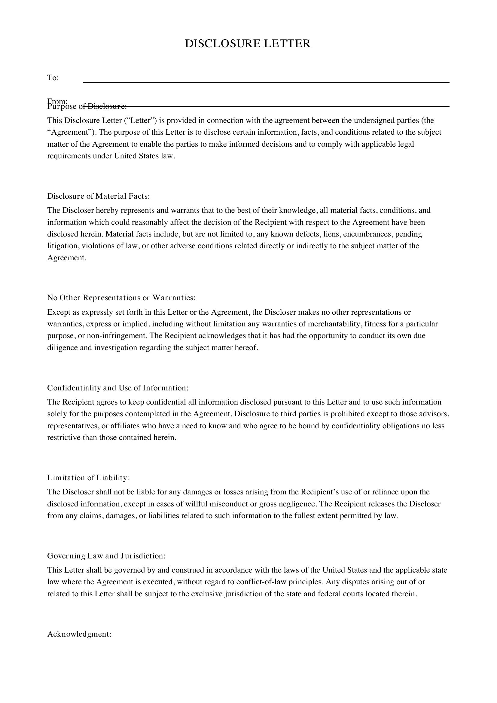 Disclosure Letter Template - US
