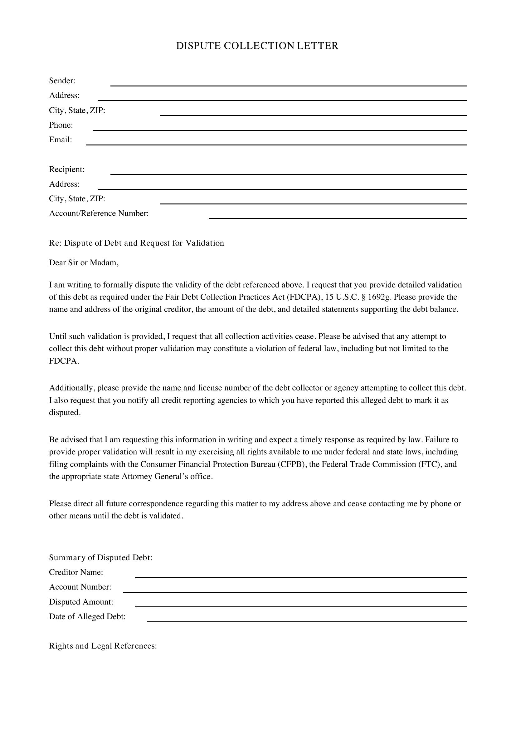 Dispute Collection Letter Template - US