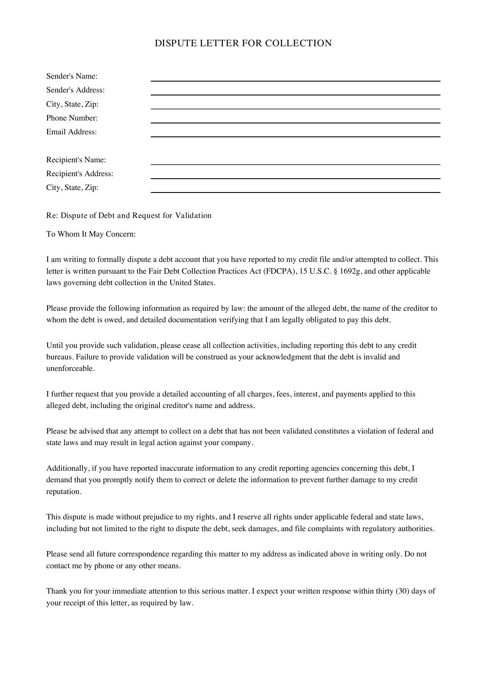 Dispute Letter For Collection Template - US
