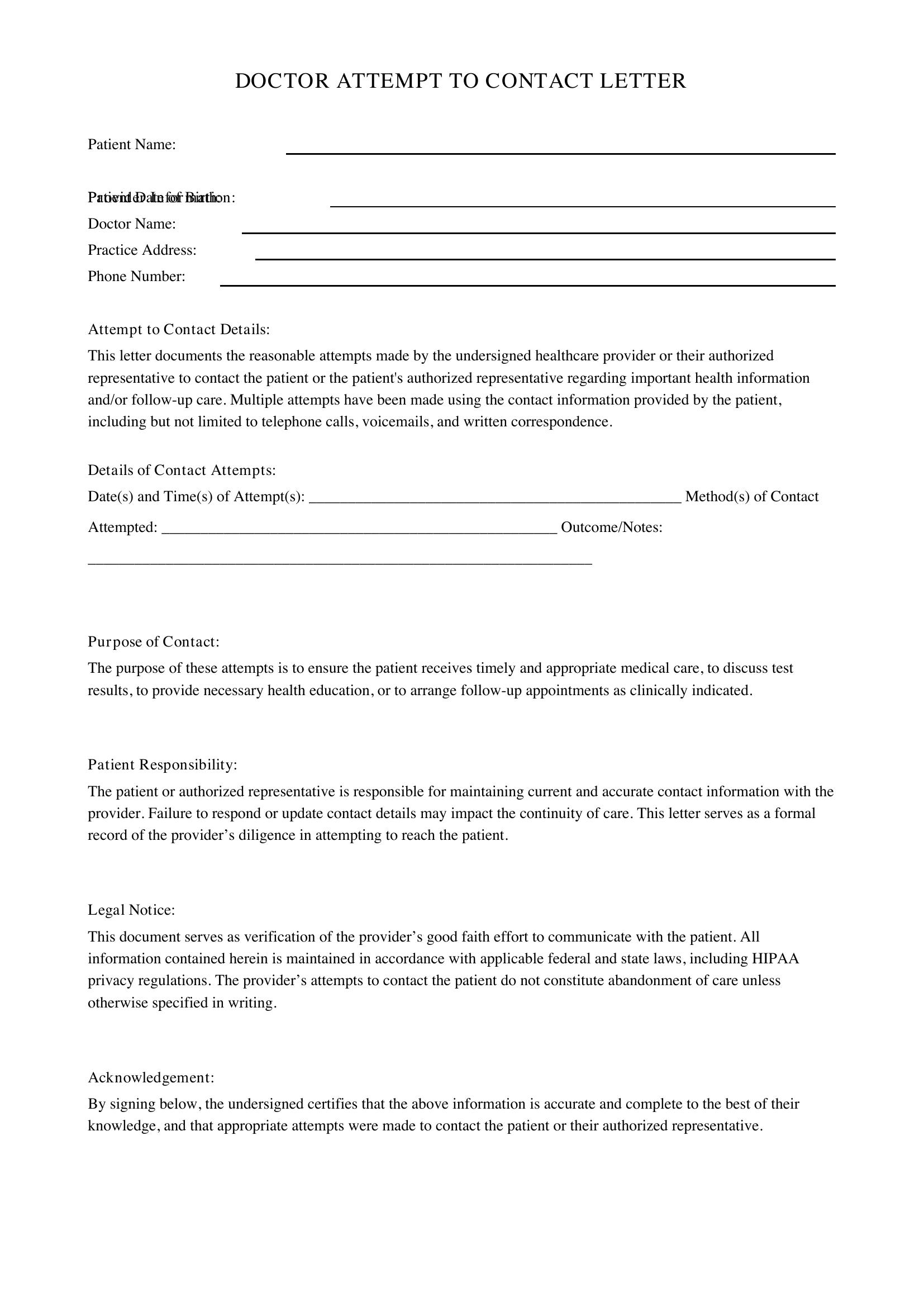 Doctor Attempt To Contact Letter Template - US